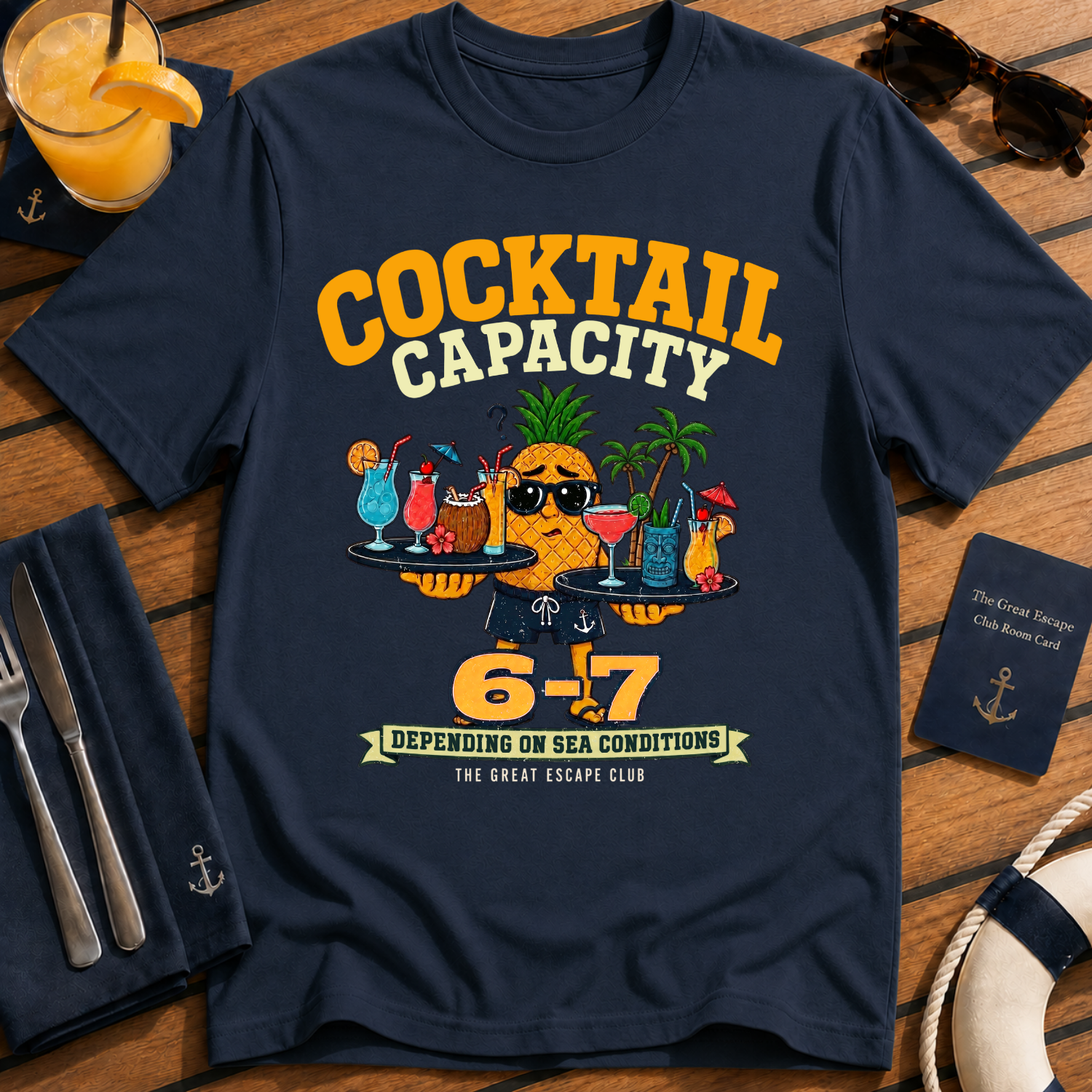 Cocktail Capacity 6-7 funny cruise drinking t-shirt design on Navy shirt