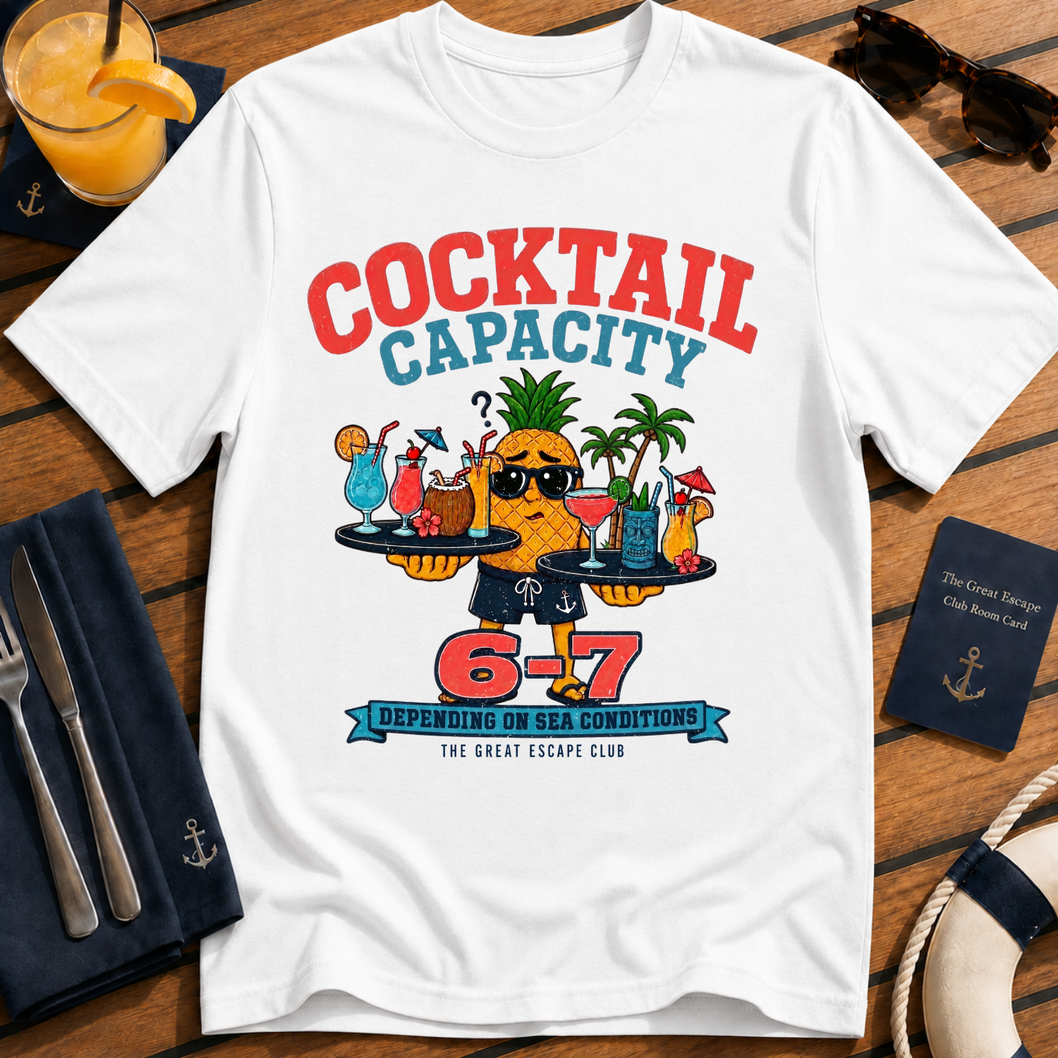 Cocktail Capacity 6-7 funny cruise drinking t-shirt design on White shirt