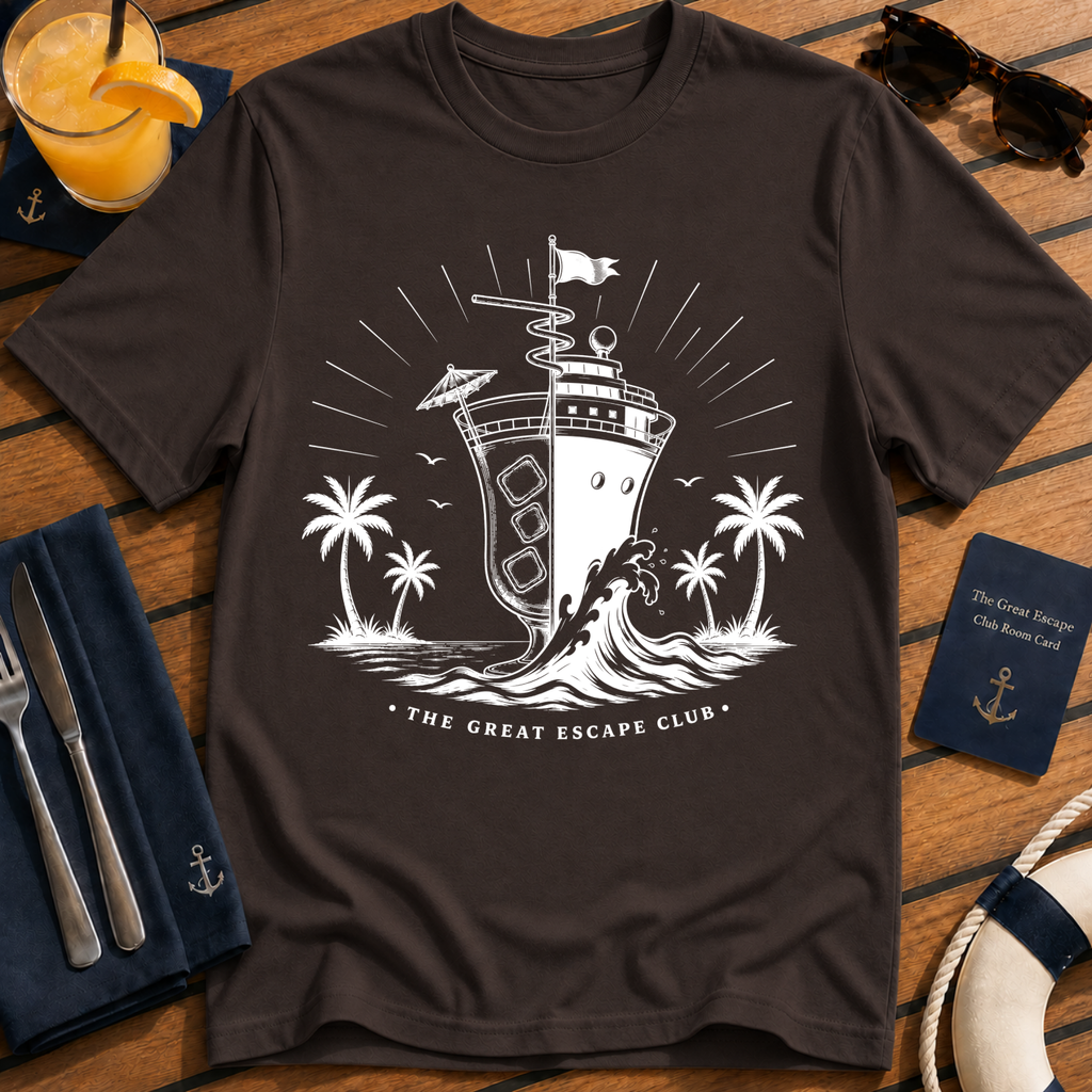 Cocktails and Cruise Ships vintage cruise t-shirt design on Dark Chocolate shirt