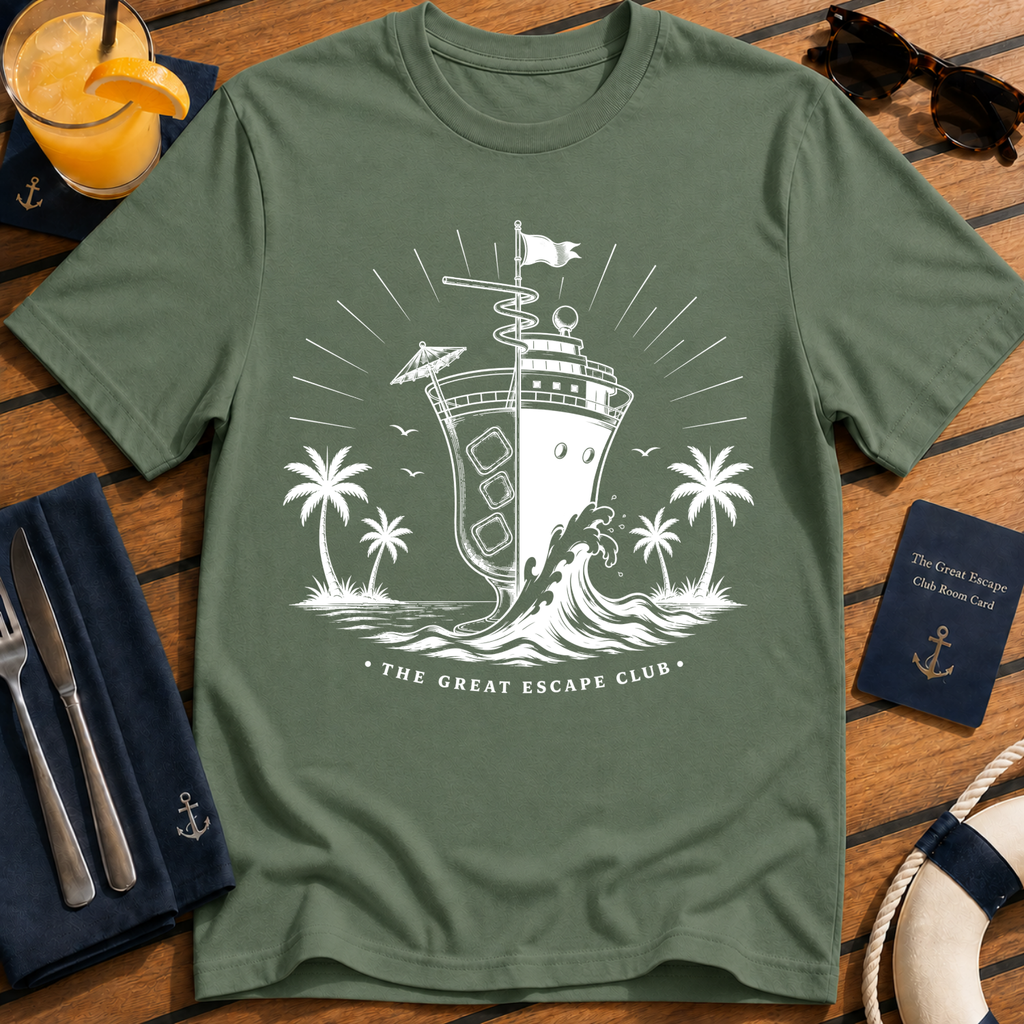 Cocktails and Cruise Ships vintage cruise t-shirt design on Military Green shirt