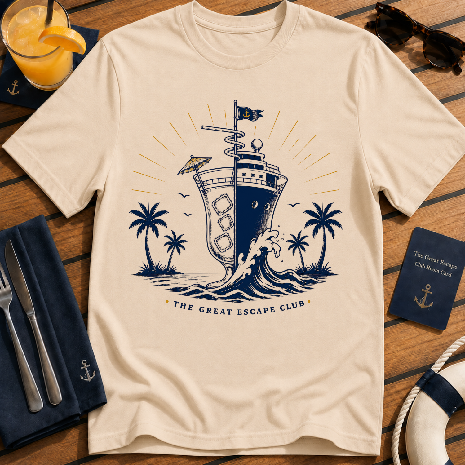 Cocktails and Cruise Ships vintage cruise t-shirt design on Natural shirt