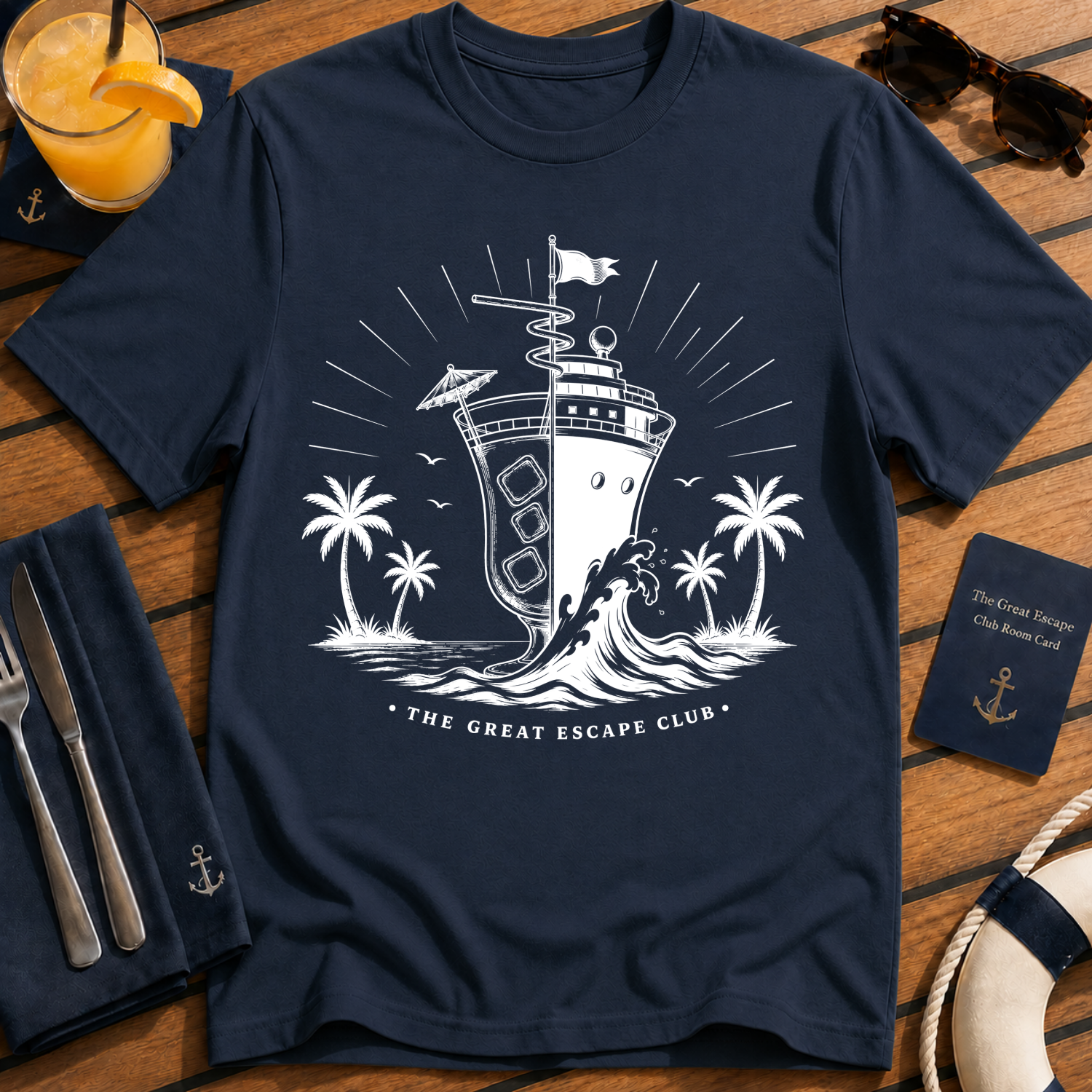 Cocktails and Cruise Ships vintage cruise t-shirt design on Navy shirt