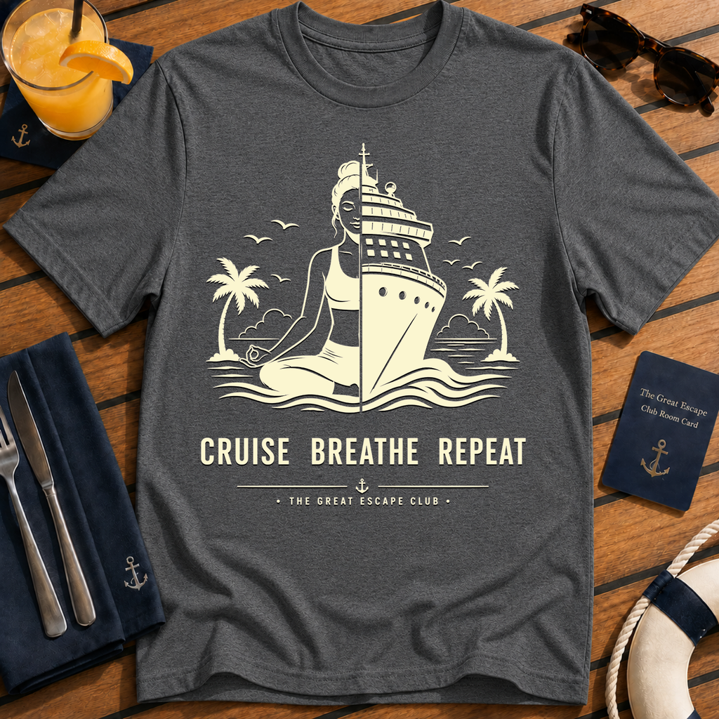 Cruise Breathe Repeat relaxed cruise yoga t-shirt design on Dark Heather shirt