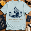 Cruise Breathe Repeat relaxed cruise yoga t-shirt design on Light Blue shirt