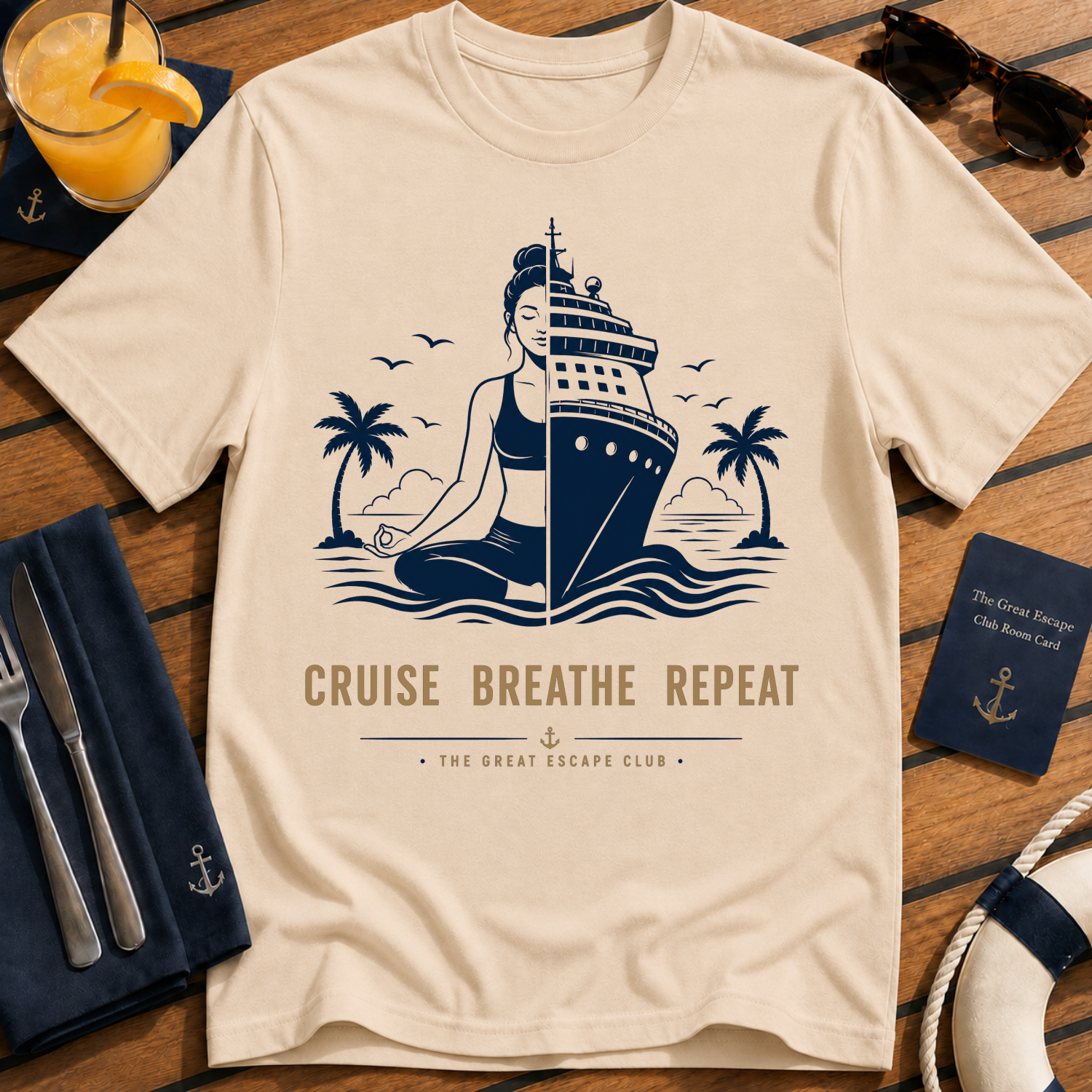 Cruise Breathe Repeat relaxed cruise yoga t-shirt design on Natural shirt