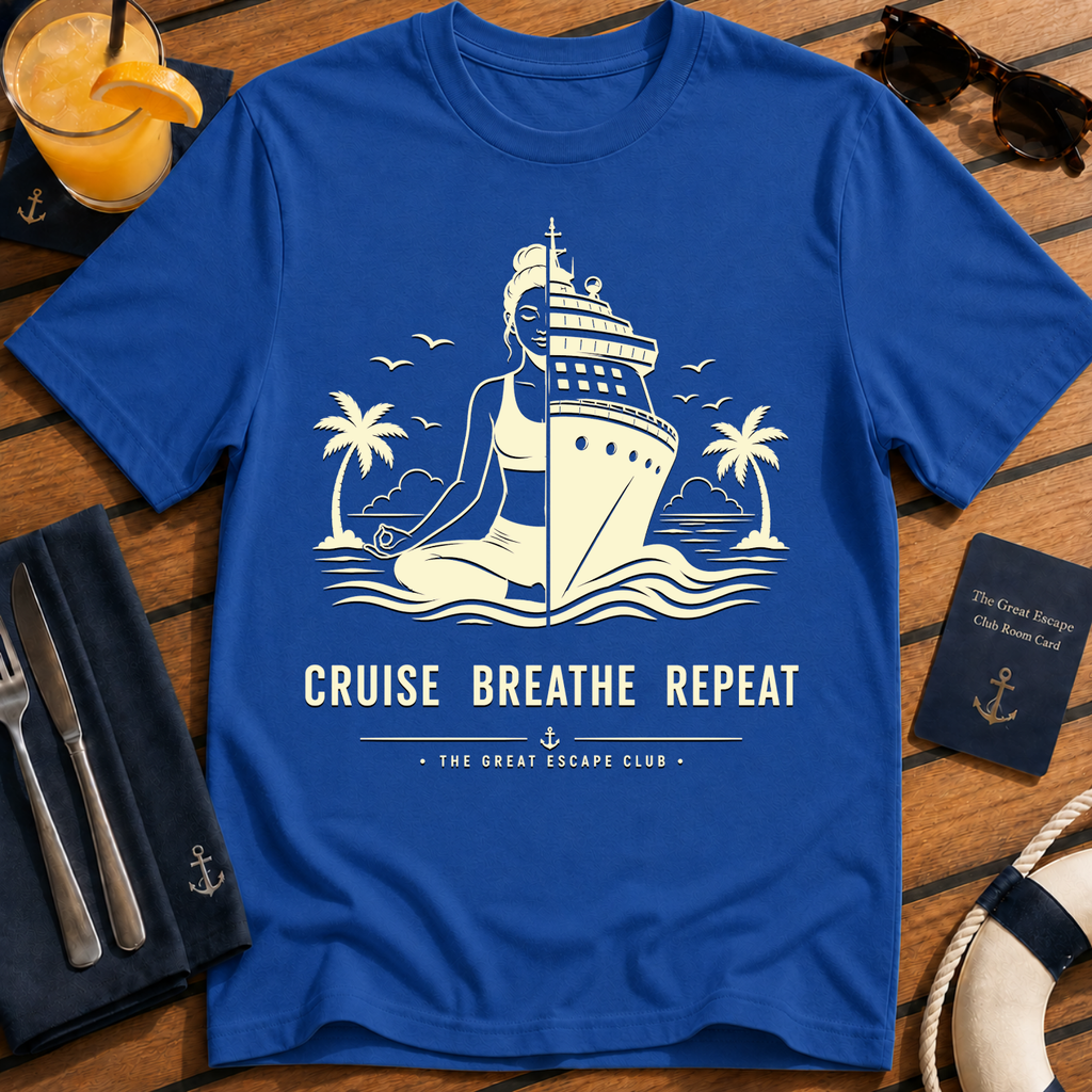 Cruise Breathe Repeat relaxed cruise yoga t-shirt design on Royal Blue shirt