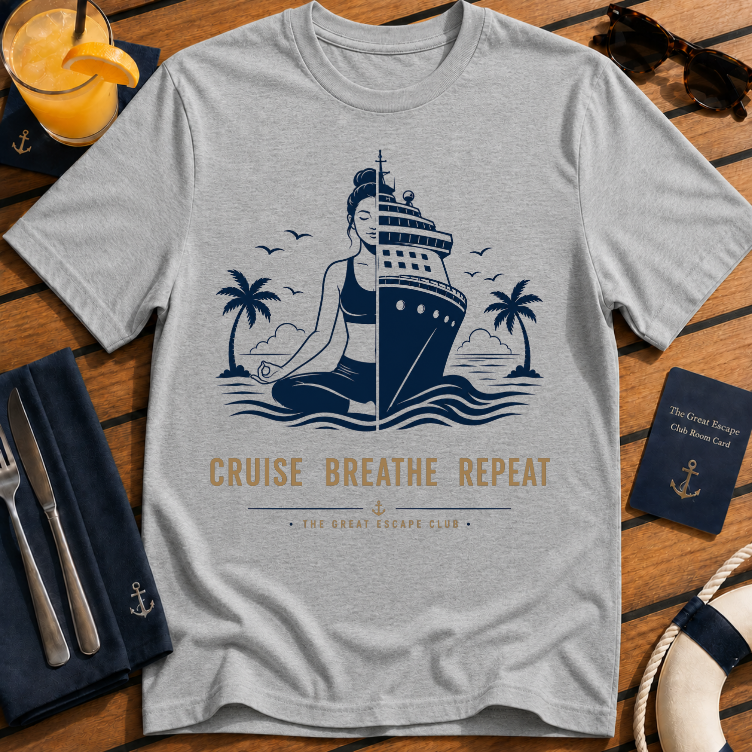 Cruise Breathe Repeat relaxed cruise yoga t-shirt design on Sport Grey shirt