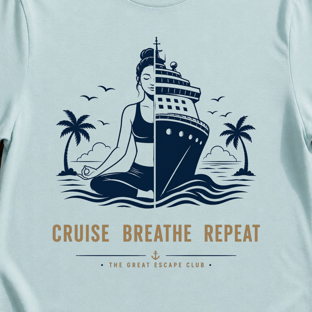 Cruise Breathe Repeat relaxed cruise yoga t-shirt design on Light Blue shirt