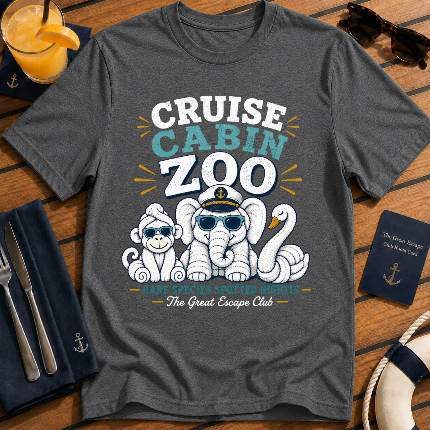 Cruise Cabin Zoo funny cruise towel animal t-shirt design on Dark Heather shirt