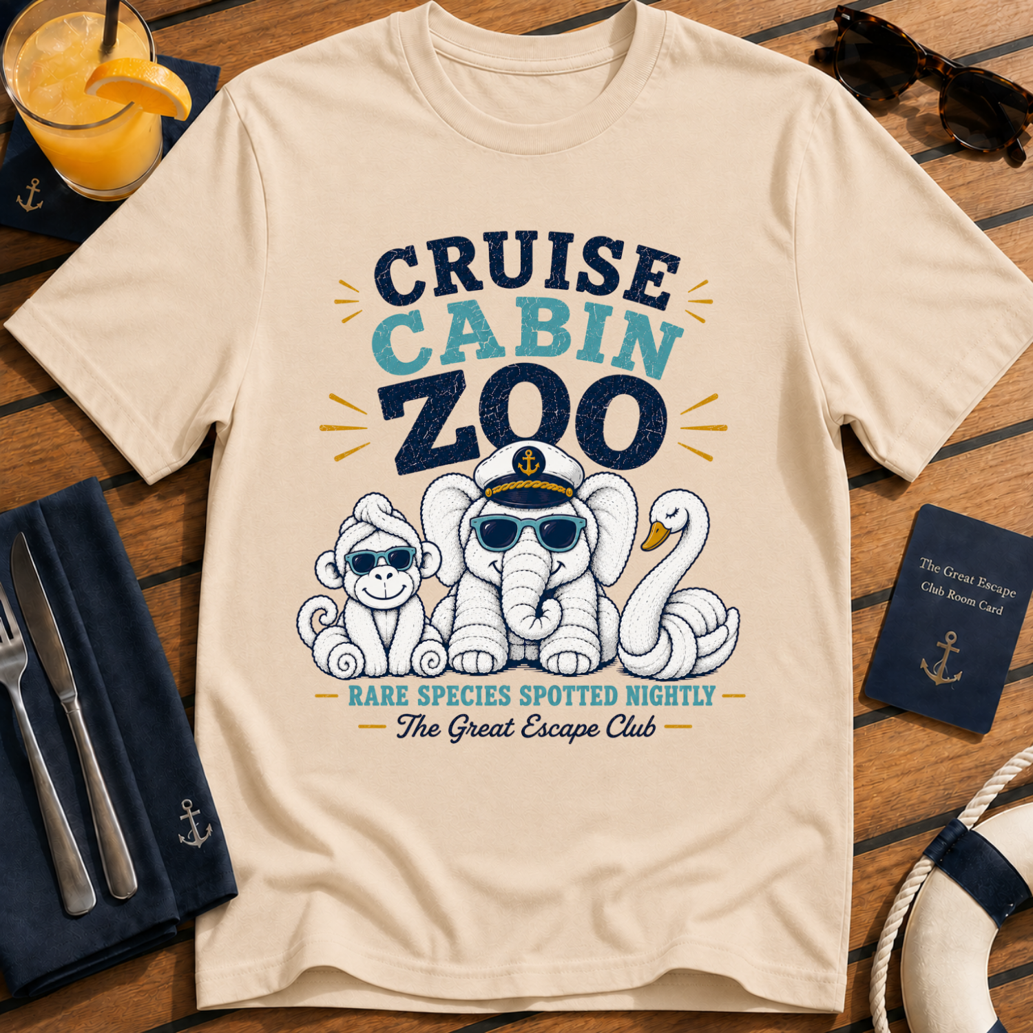 Cruise Cabin Zoo funny cruise towel animal t-shirt design on Natural shirt