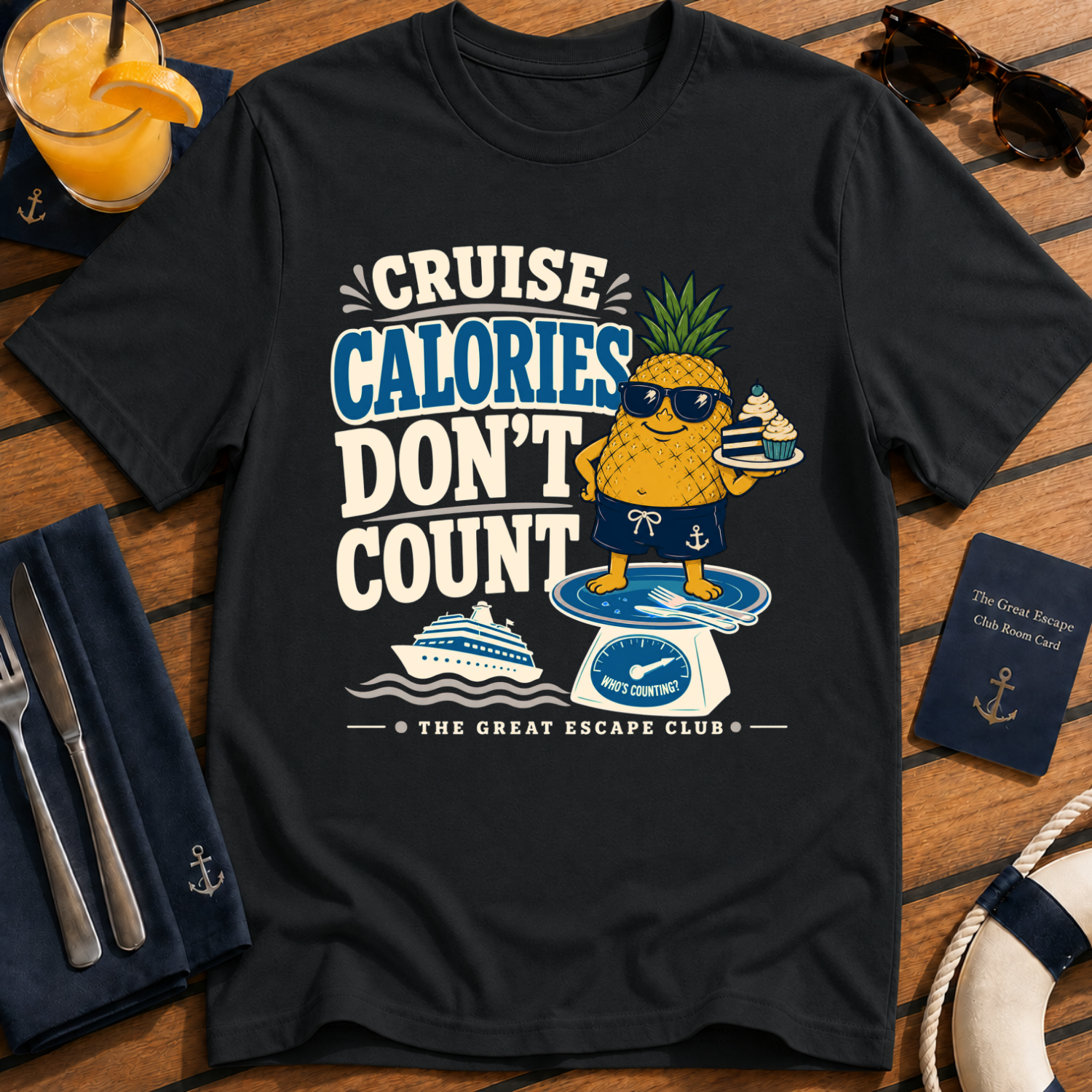 Cruise Calories Don’t Count funny cruise buffet t-shirt design on Black shirt