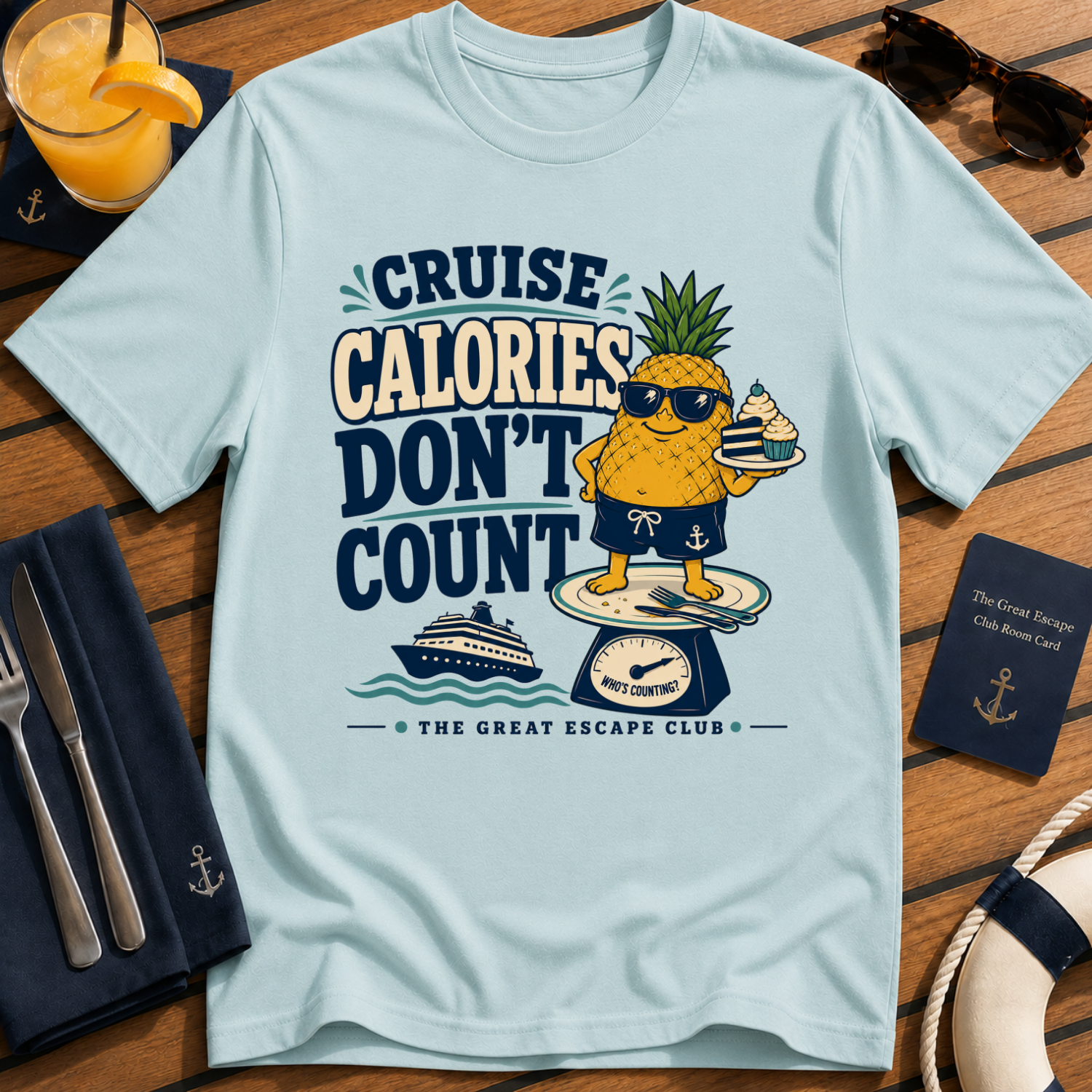 Cruise Calories Don’t Count funny cruise buffet t-shirt design on Light Blue shirt