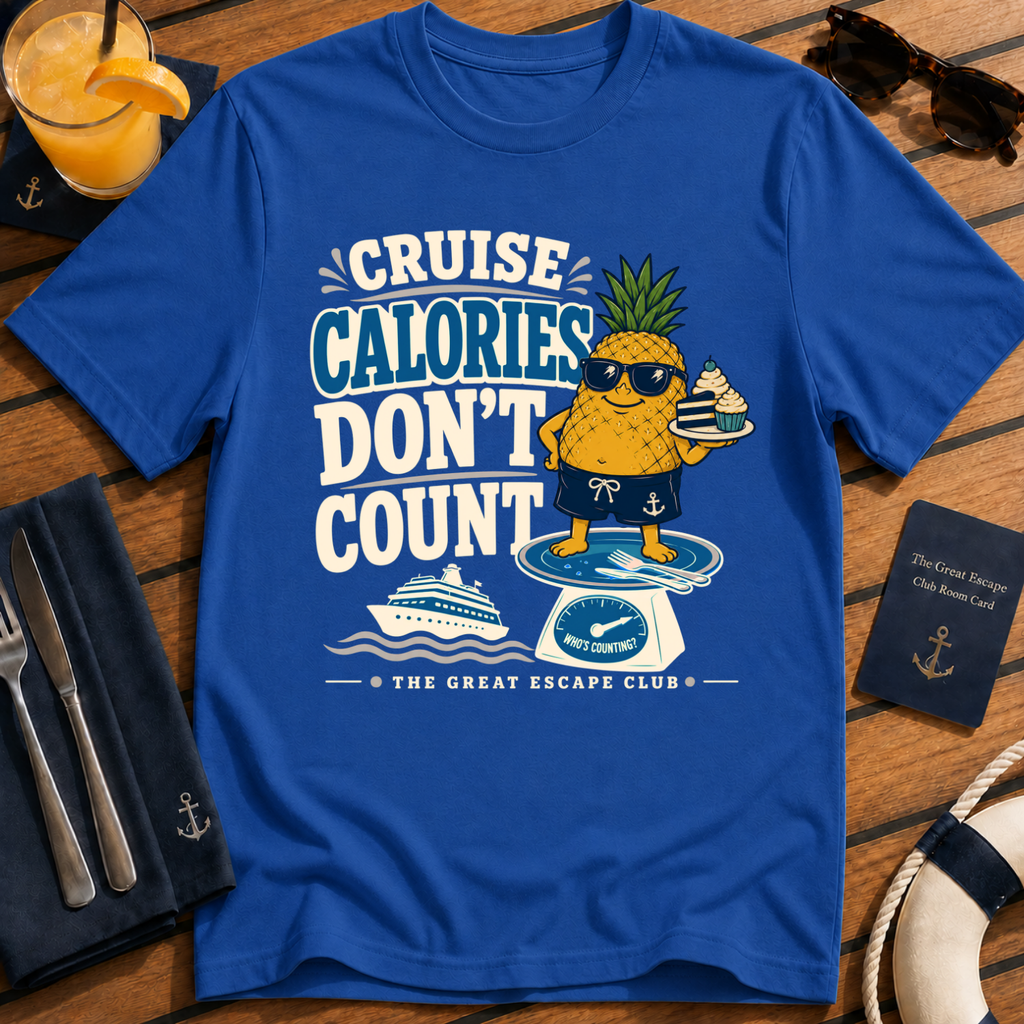 Cruise Calories Don’t Count funny cruise buffet t-shirt design on Royal Blue shirt