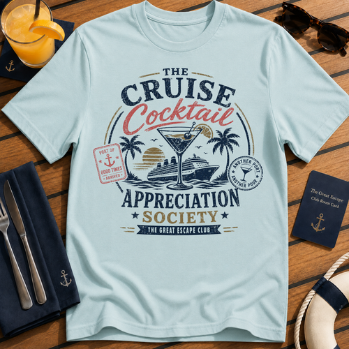 Cruise Cocktail Appreciation Society cruise cocktail t-shirt design on Light Blue shirt