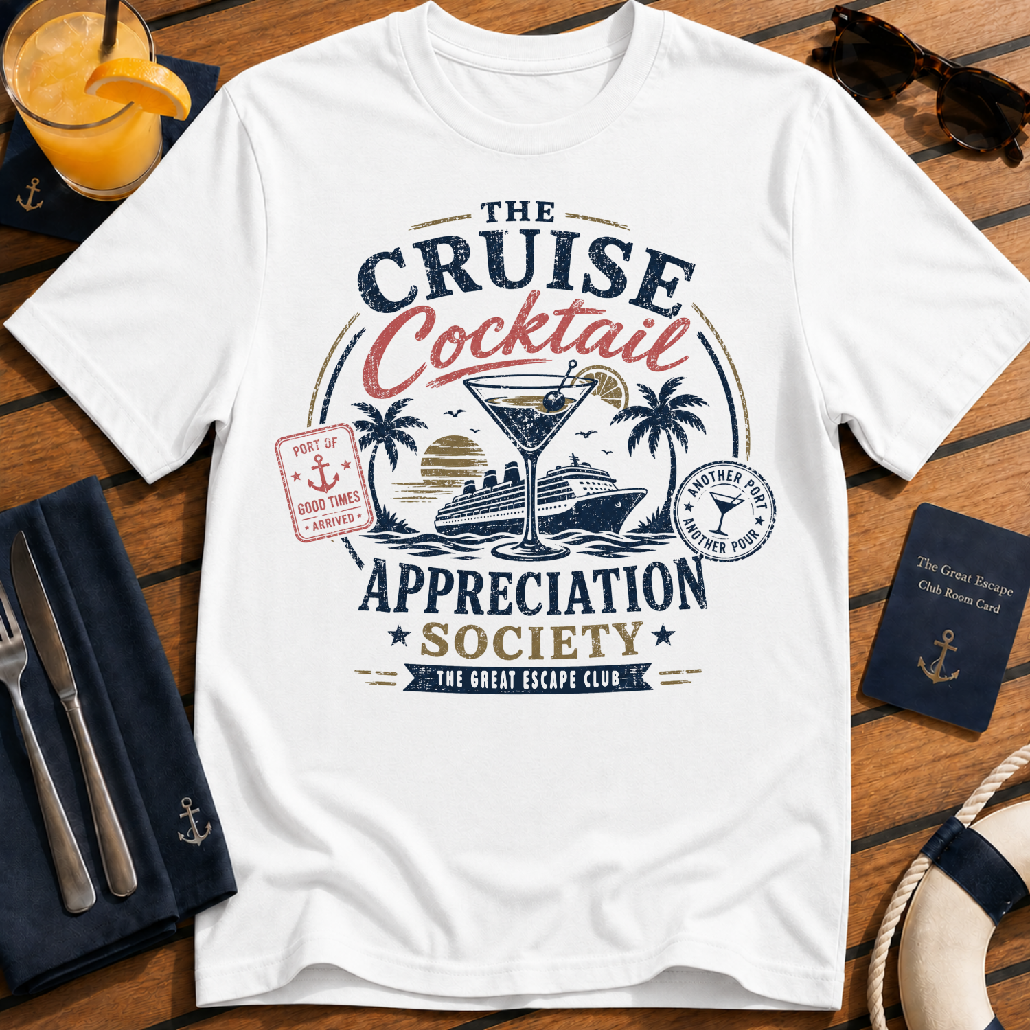 Cruise Cocktail Appreciation Society cruise cocktail t-shirt design on White shirt