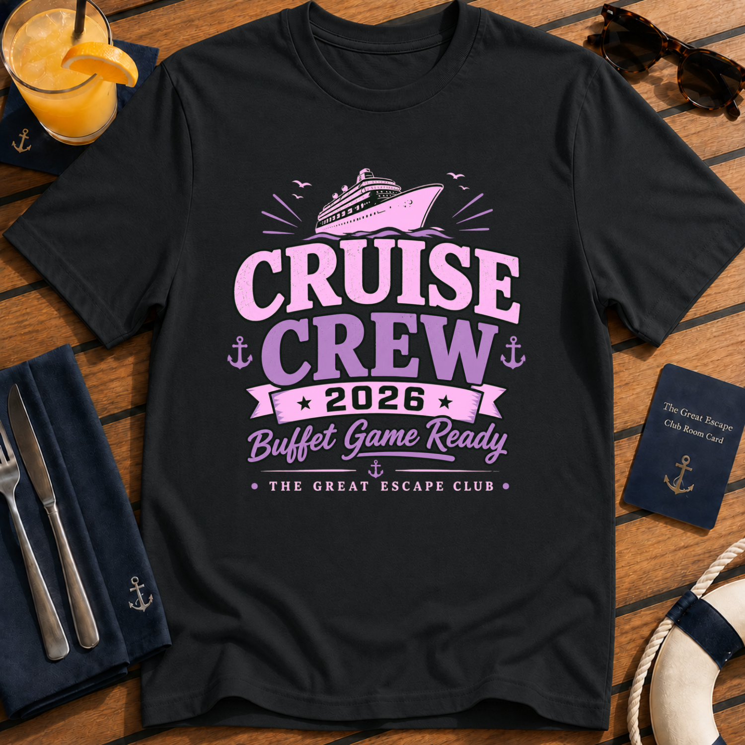 Cruise Crew 2026 Buffet Game Ready matching cruise black t-shirt for groups, foodies and holiday crews by The Great Escape Club