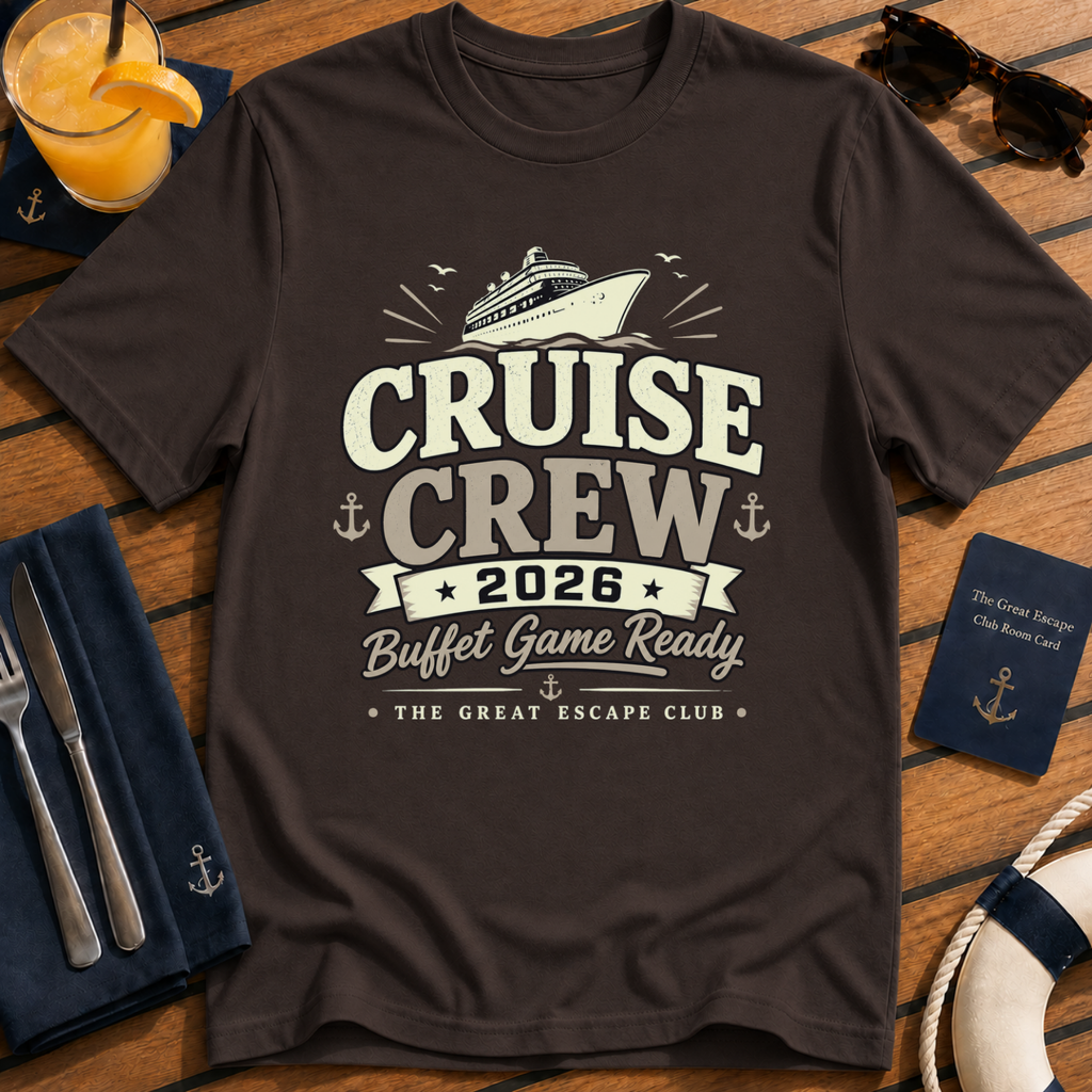 Cruise Crew 2026 Buffet Game Ready matching cruise dark-chocolate t-shirt for groups, foodies and holiday crews by The Great Escape Club