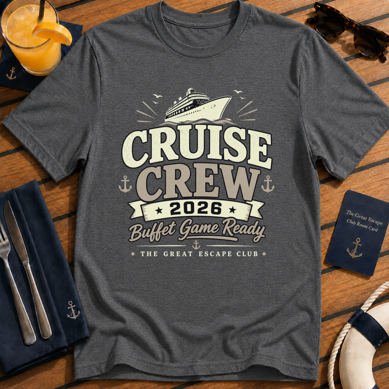 Cruise Crew 2026 Buffet Game Ready matching cruise dark grey  t-shirt for groups, foodies and holiday crews by The Great Escape Club