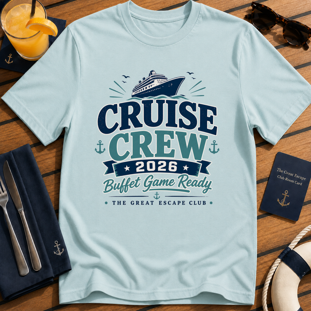 Cruise Crew 2026 Buffet Game Ready matching cruise light blue t-shirt for groups, foodies and holiday crews by The Great Escape Club