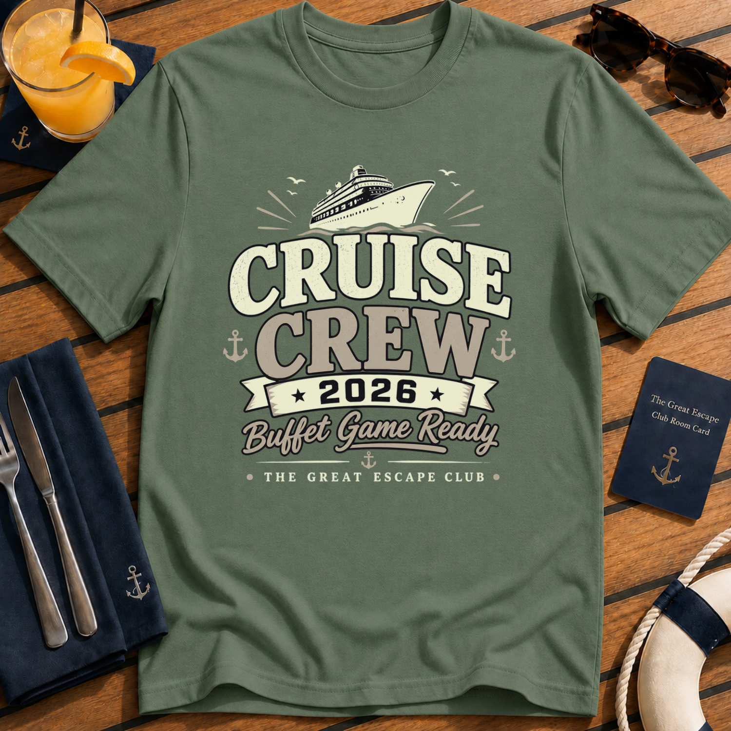 Cruise Crew 2026 Buffet Game Ready matching cruise military green t-shirt for groups, foodies and holiday crews by The Great Escape Club
