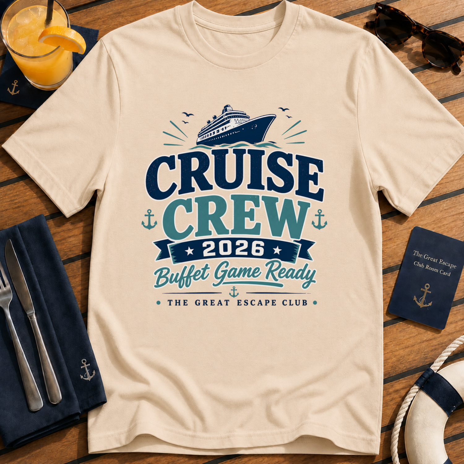 Cruise Crew 2026 Buffet Game Ready matching cruise natural tan t-shirt for groups, foodies and holiday crews by The Great Escape Club