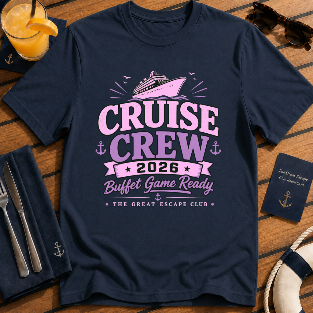 Cruise Crew 2026 Buffet Game Ready matching cruise navy t-shirt for groups, foodies and holiday crews by The Great Escape Club