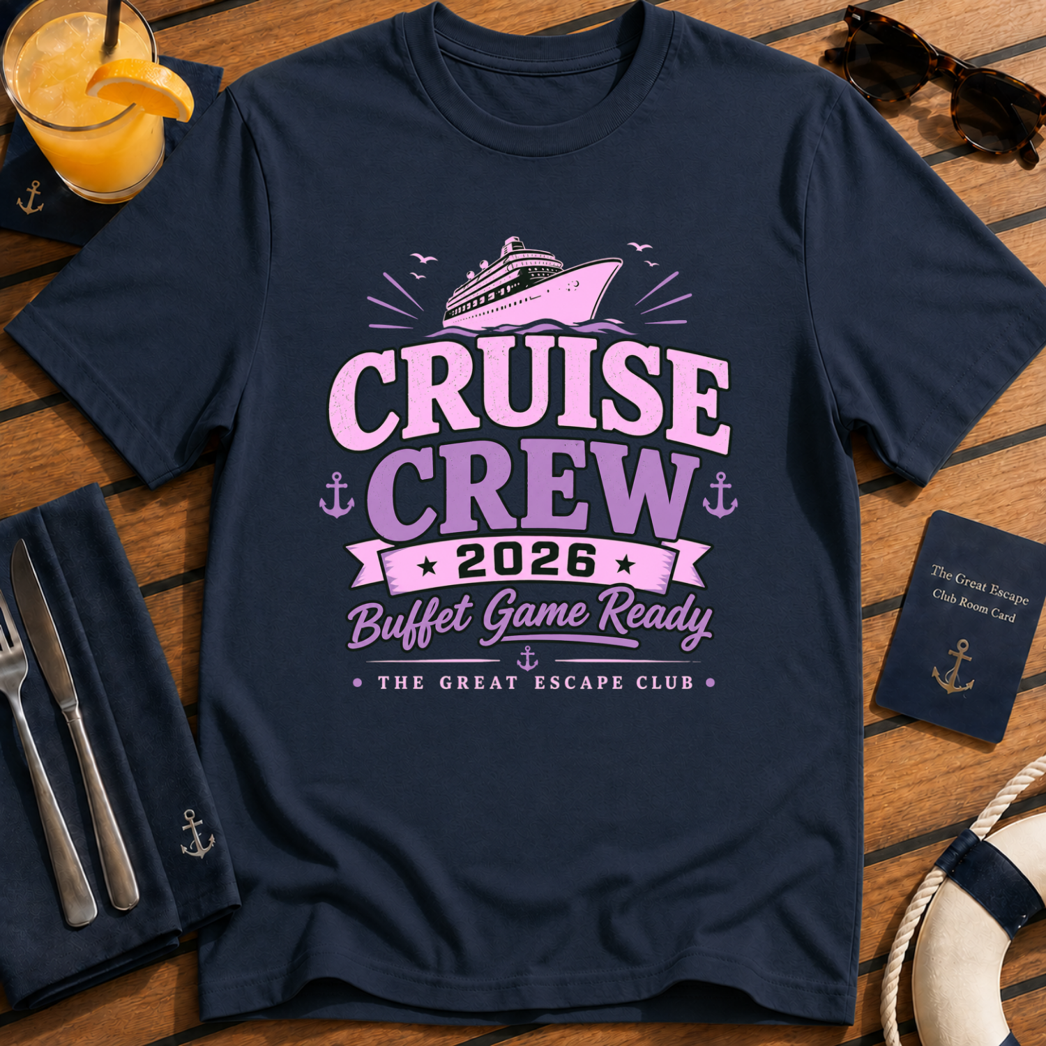 Cruise Crew 2026 Buffet Game Ready matching cruise navy t-shirt for groups, foodies and holiday crews by The Great Escape Club