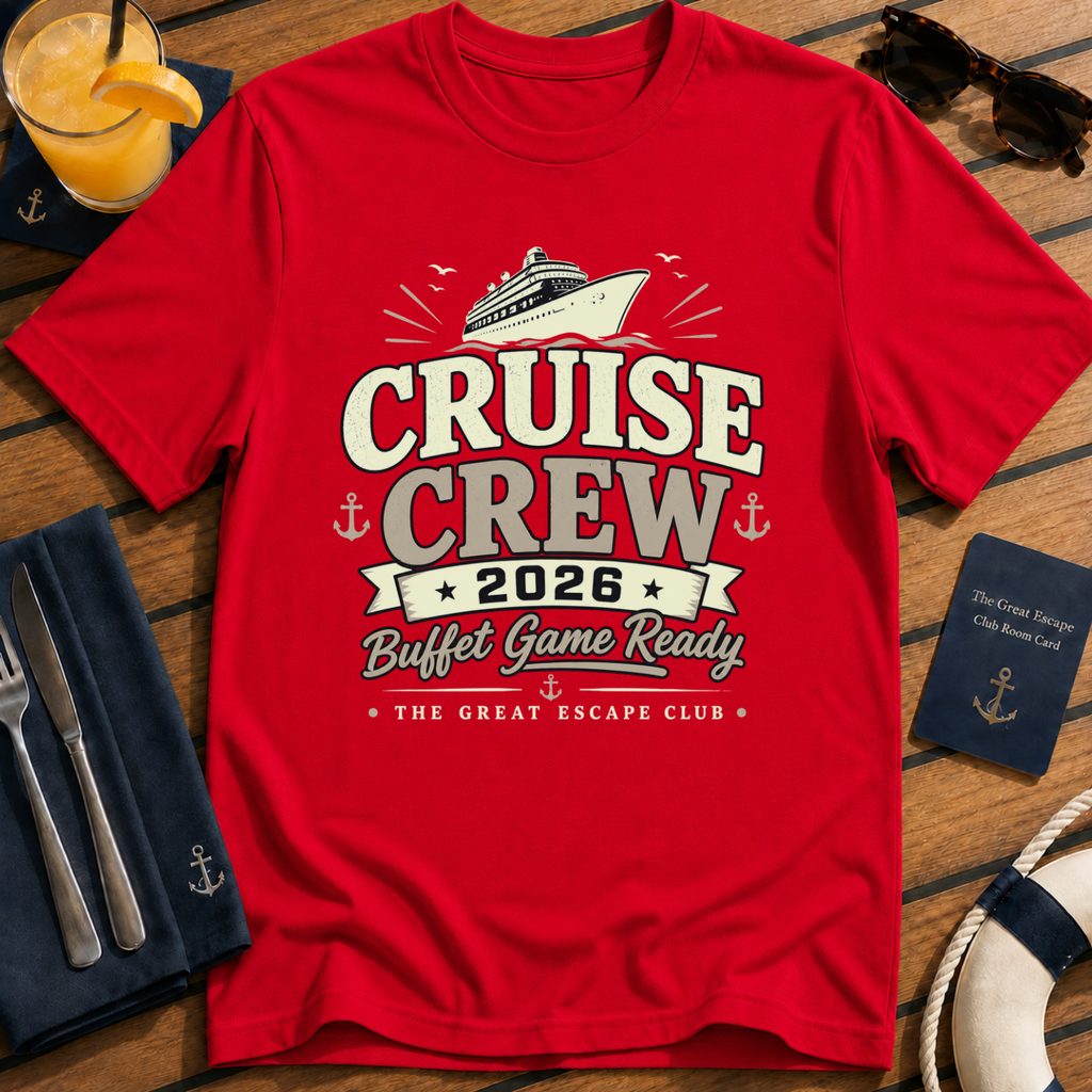Cruise Crew 2026 Buffet Game Ready matching cruise red t-shirt for groups, foodies and holiday crews by The Great Escape Club