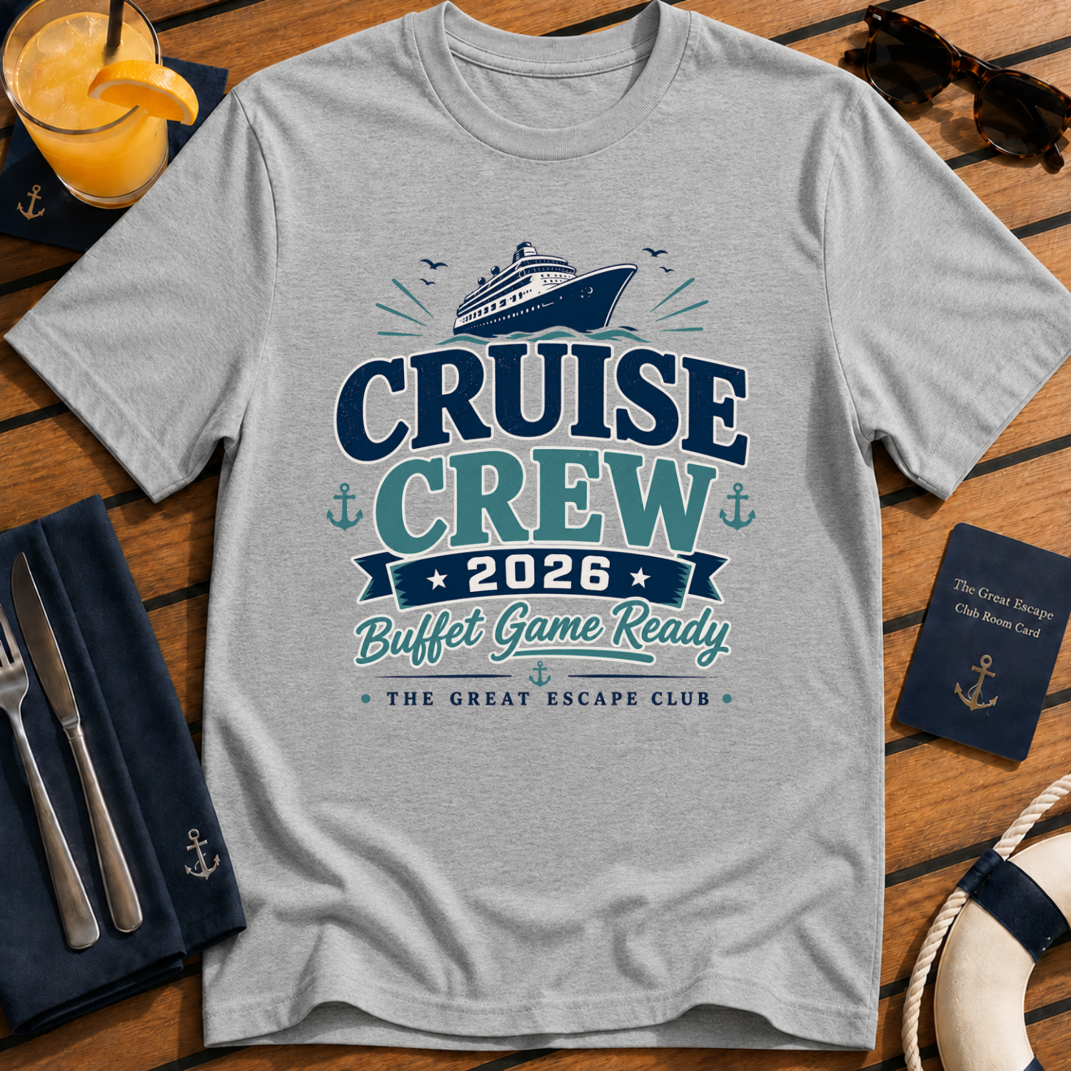 Cruise Crew 2026 Buffet Game Ready matching cruise grey t-shirt for groups, foodies and holiday crews by The Great Escape Club