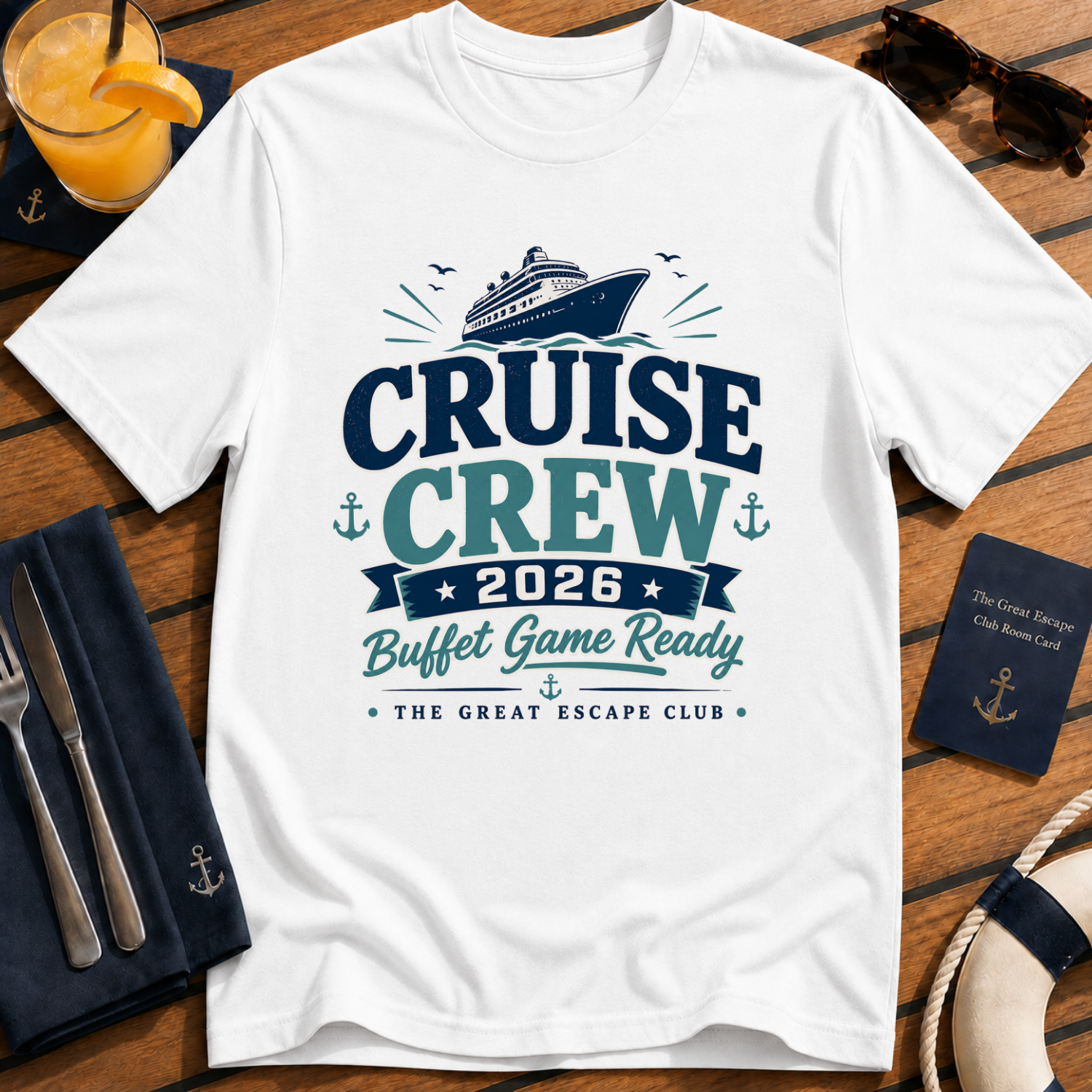 Cruise Crew 2026 Buffet Game Ready matching cruise white t-shirt for groups, foodies and holiday crews by The Great Escape Club
