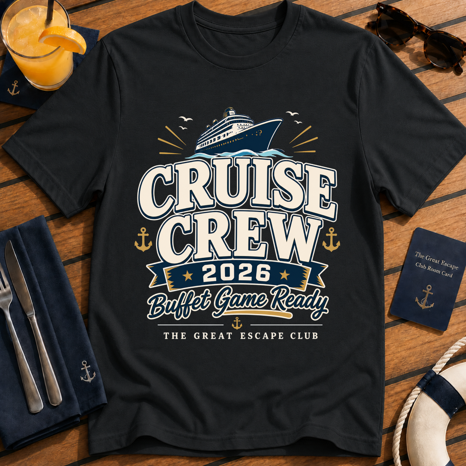 Cruise Crew 2026 Buffet Game Ready matching cruise t-shirt design on Black shirt | The Great Escape Club.