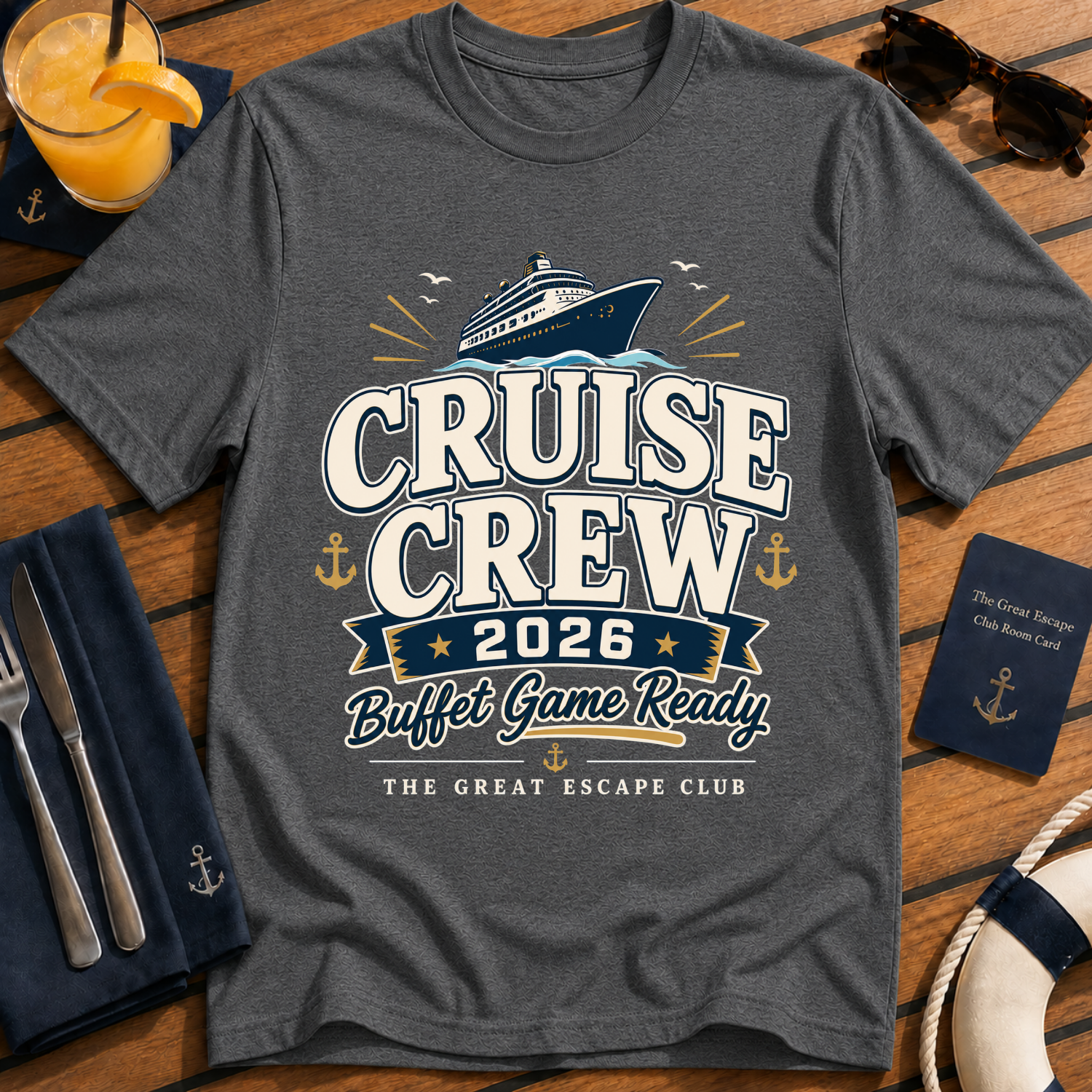Cruise Crew 2026 Buffet Game Ready matching cruise t-shirt design on Dark Heather shirt | The Great Escape Club.