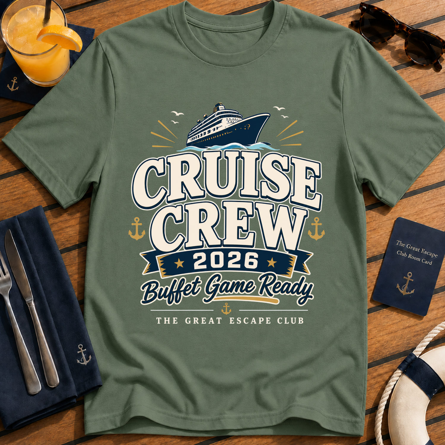 Cruise Crew 2026 Buffet Game Ready matching cruise t-shirt design on Military Green shirt | The Great Escape Club.
