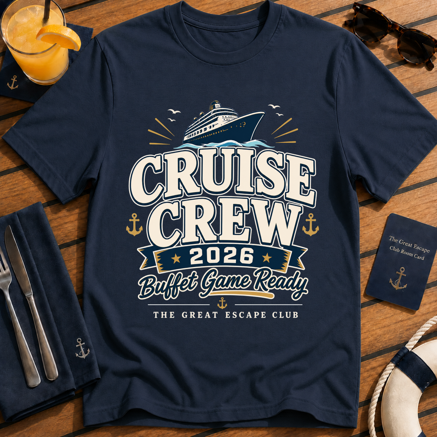 Cruise Crew 2026 Buffet Game Ready matching cruise t-shirt design on Navy shirt | The Great Escape Club.