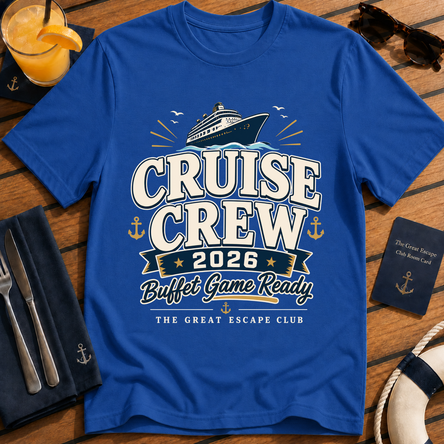 Cruise Crew 2026 Buffet Game Ready matching cruise t-shirt design on Royal Blue shirt | The Great Escape Club.
