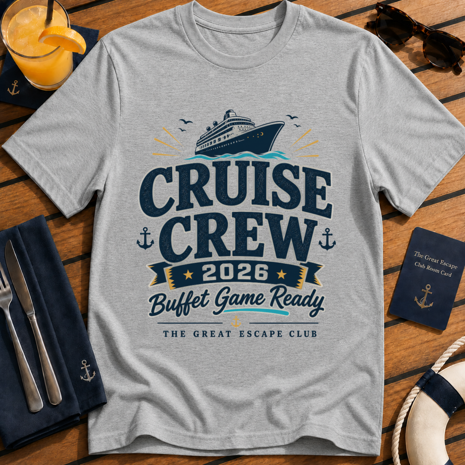 Cruise Crew 2026 Buffet Game Ready matching cruise t-shirt design on Sport Grey shirt | The Great Escape Club.
