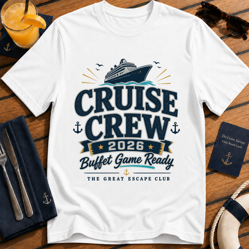 Cruise Crew 2026 Buffet Game Ready matching cruise t-shirt design on White shirt | The Great Escape Club.