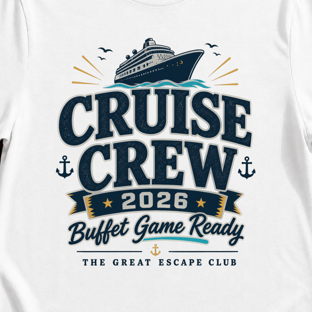 Cruise Crew 2026 Buffet Game Ready matching cruise t-shirt design on White shirt | The Great Escape Club.