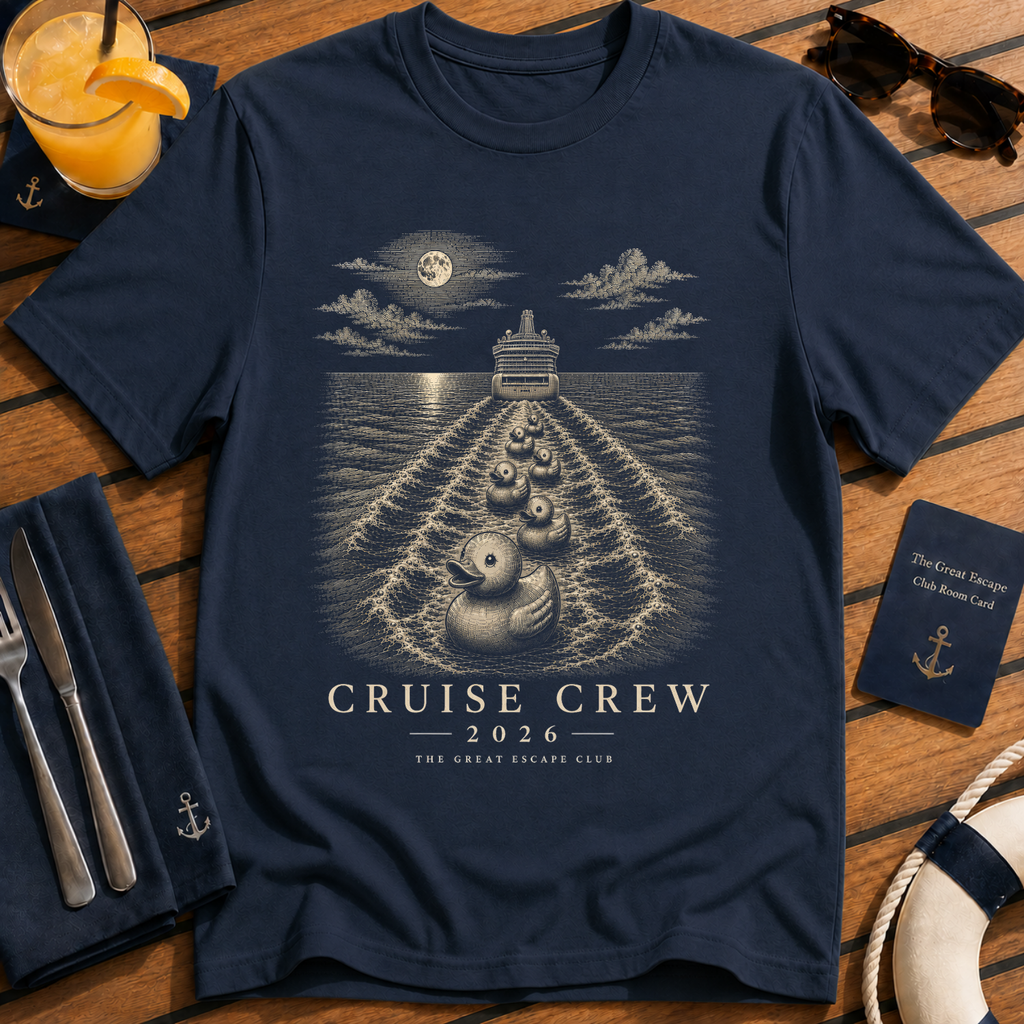 Cruise Crew 2026 Cruise Ducks matching cruise duck t-shirt design on Navy shirt