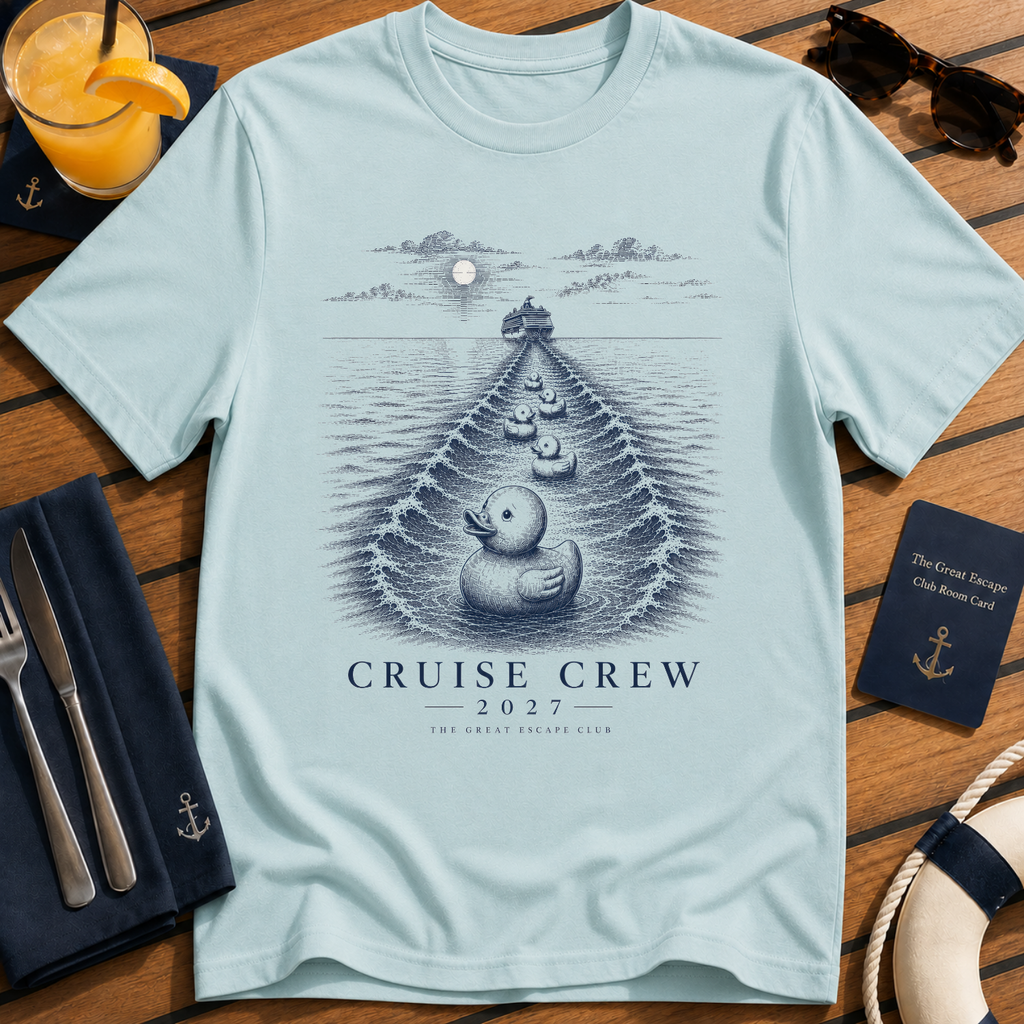 Cruise Crew 2027 Cruise Ducks matching cruise duck t-shirt design on Light Blue shirt