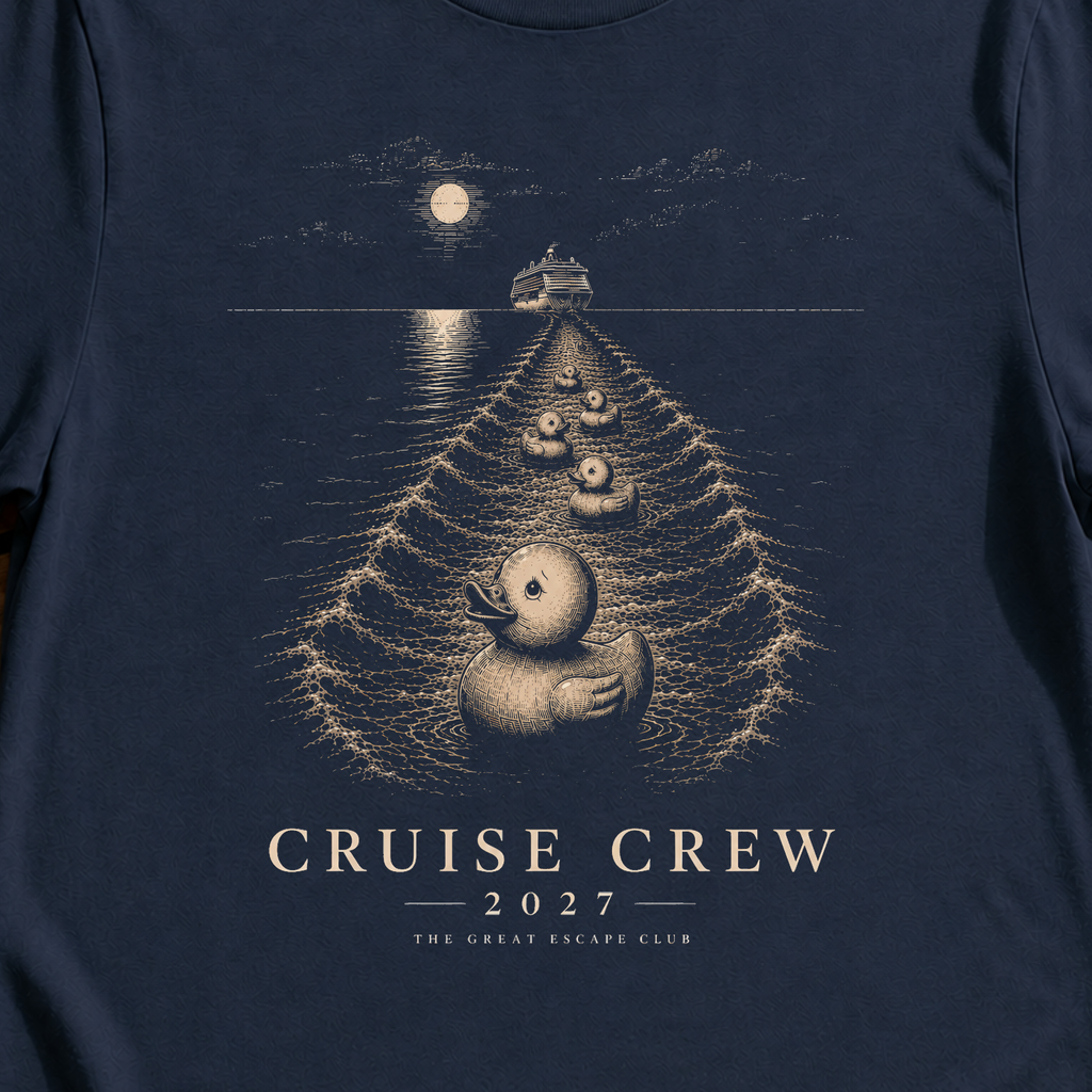 Cruise Crew 2027 Cruise Ducks matching cruise duck t-shirt design on Navy shirt