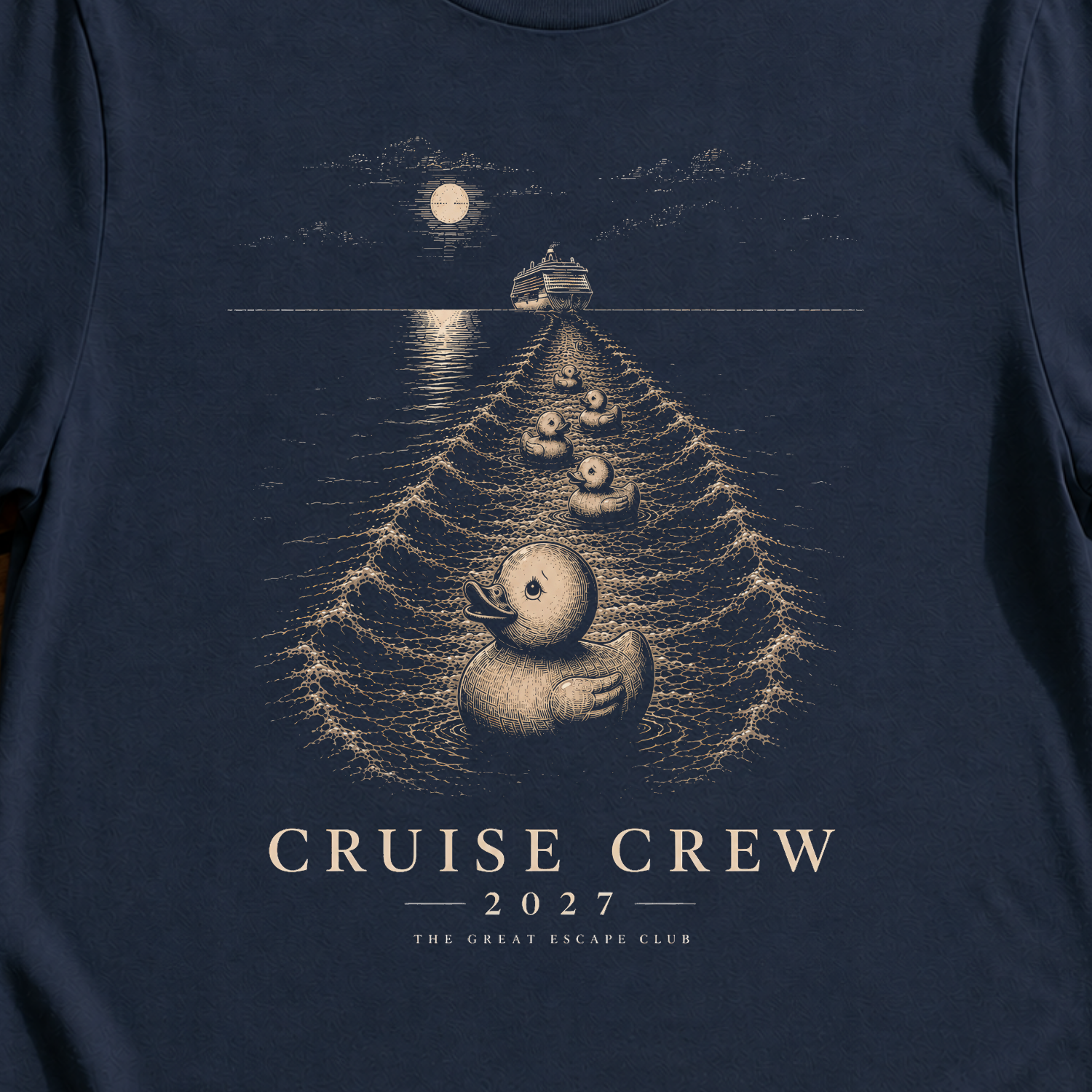 Cruise Crew 2027 Cruise Ducks matching cruise duck t-shirt design on Navy shirt