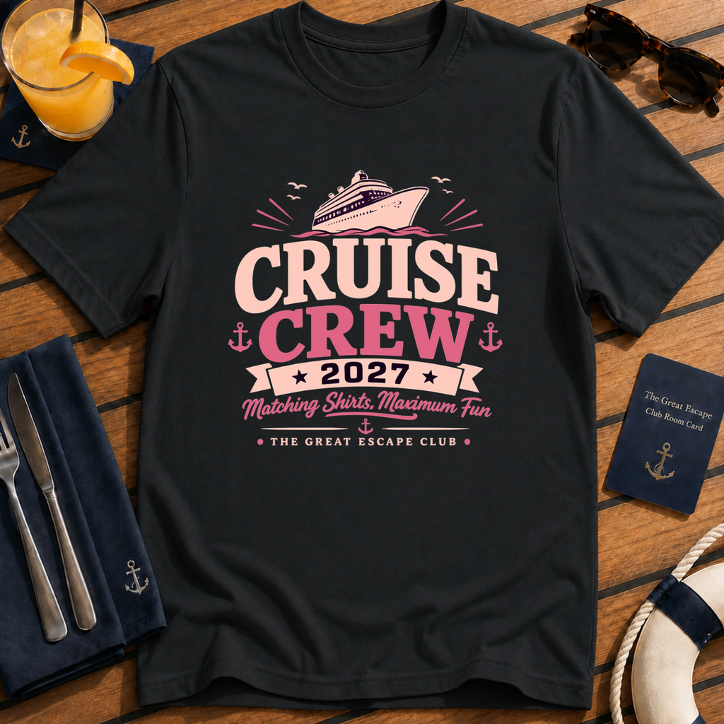 Cruise Crew 2027 matching cruise black t-shirt for groups, families, solo sailors and holiday crews by The Great Escape Club