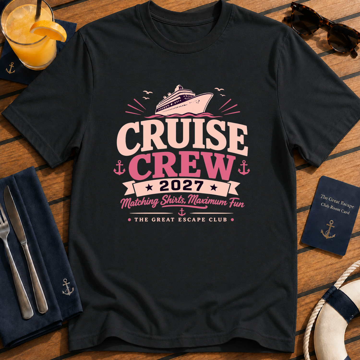 Cruise Crew 2027 matching cruise black t-shirt for groups, families, solo sailors and holiday crews by The Great Escape Club