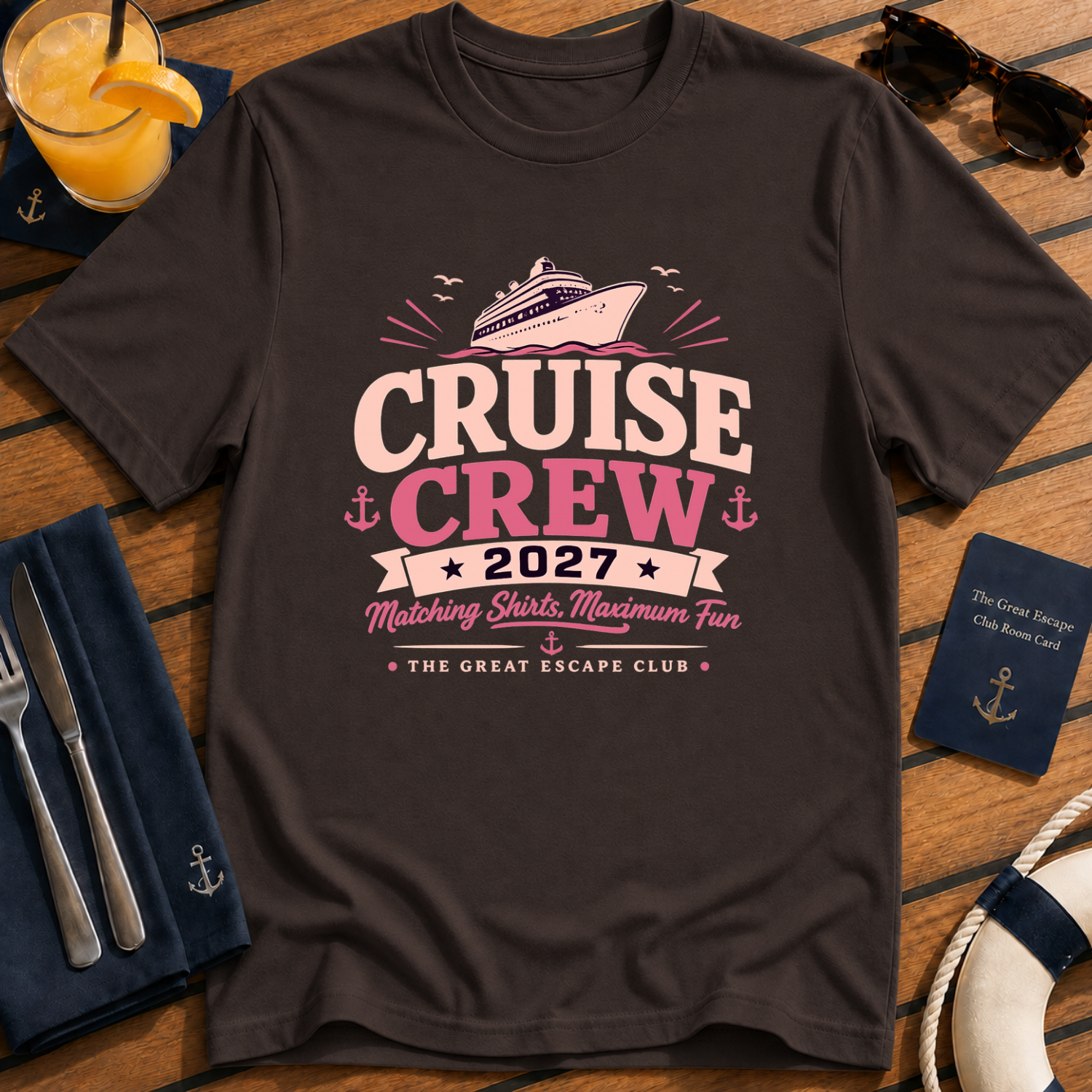 Cruise Crew 2027 matching cruise dark chocolate brown t-shirt for groups, families, solo sailors and holiday crews by The Great Escape Club
