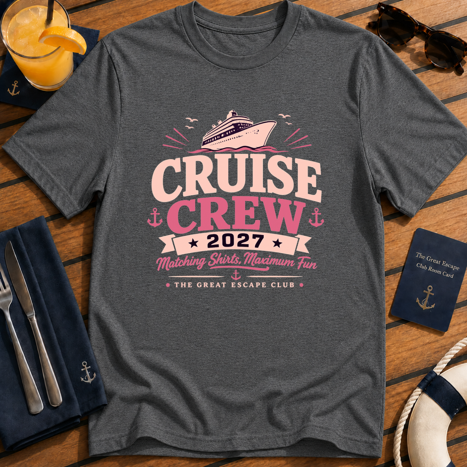 Cruise Crew 2027 matching cruise dark grey t-shirt for groups, families, solo sailors and holiday crews by The Great Escape Club