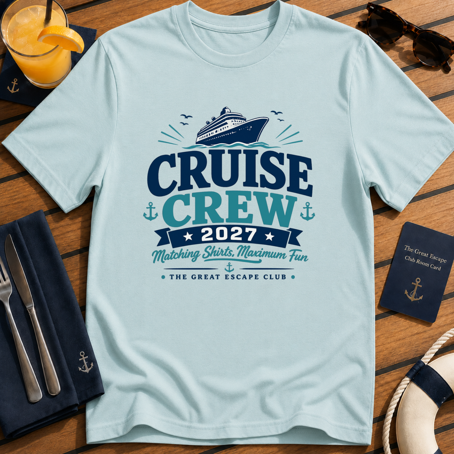 Cruise Crew 2027 matching cruise light blue t-shirt for groups, families, solo sailors and holiday crews by The Great Escape Club