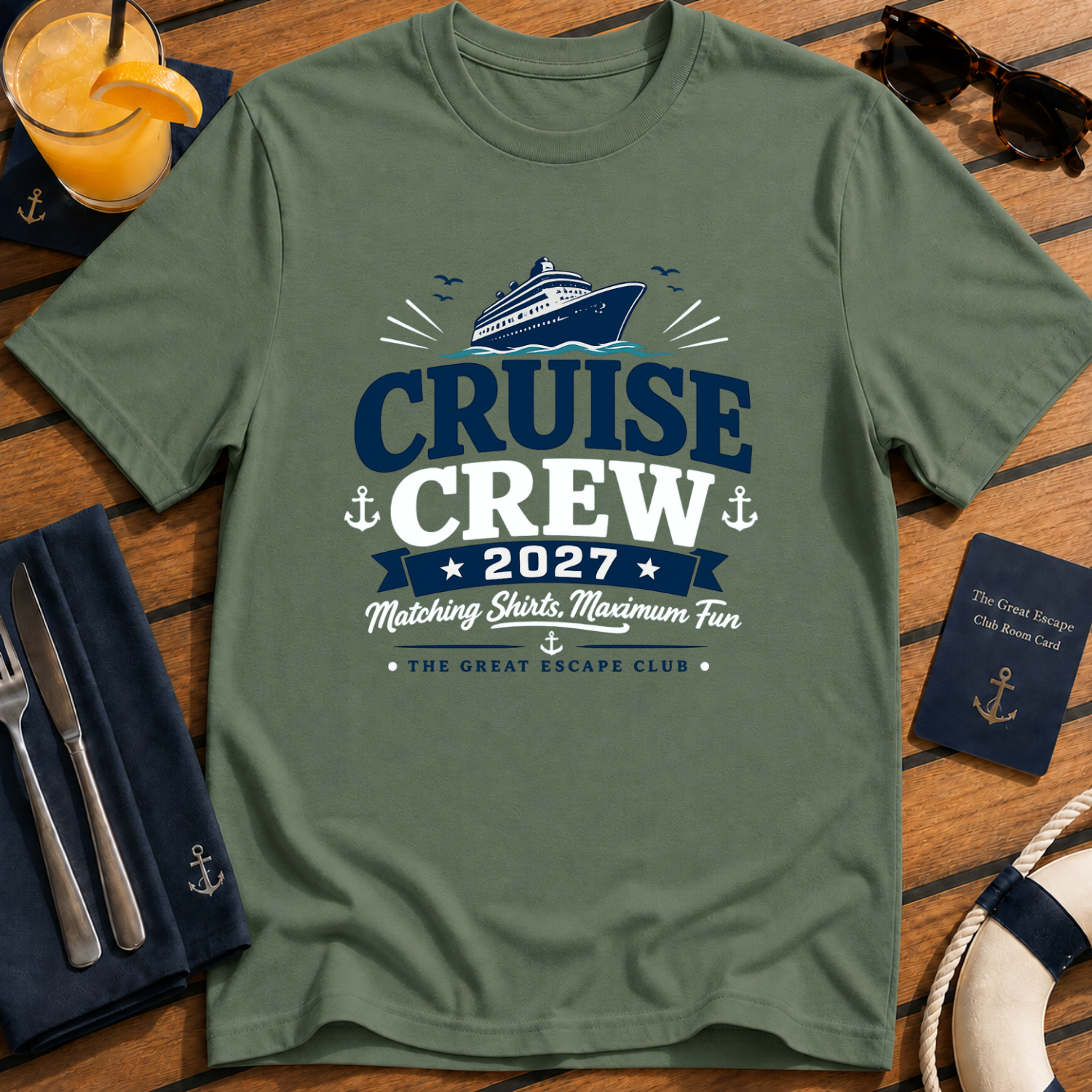 Cruise Crew 2027 matching cruise military green t-shirt for groups, families, solo sailors and holiday crews by The Great Escape Club
