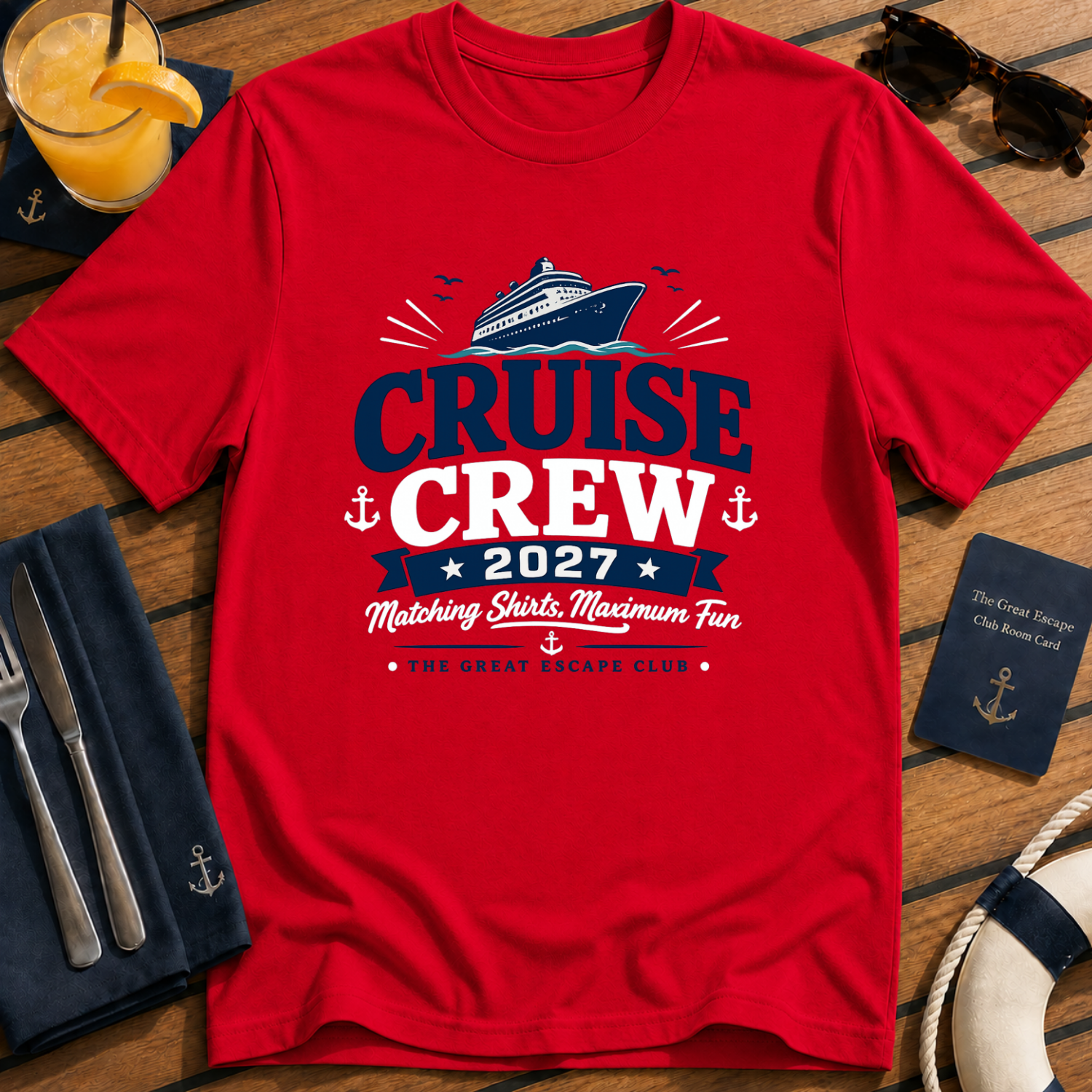 Cruise Crew 2027 matching cruise red t-shirt for groups, families, solo sailors and holiday crews by The Great Escape Club
