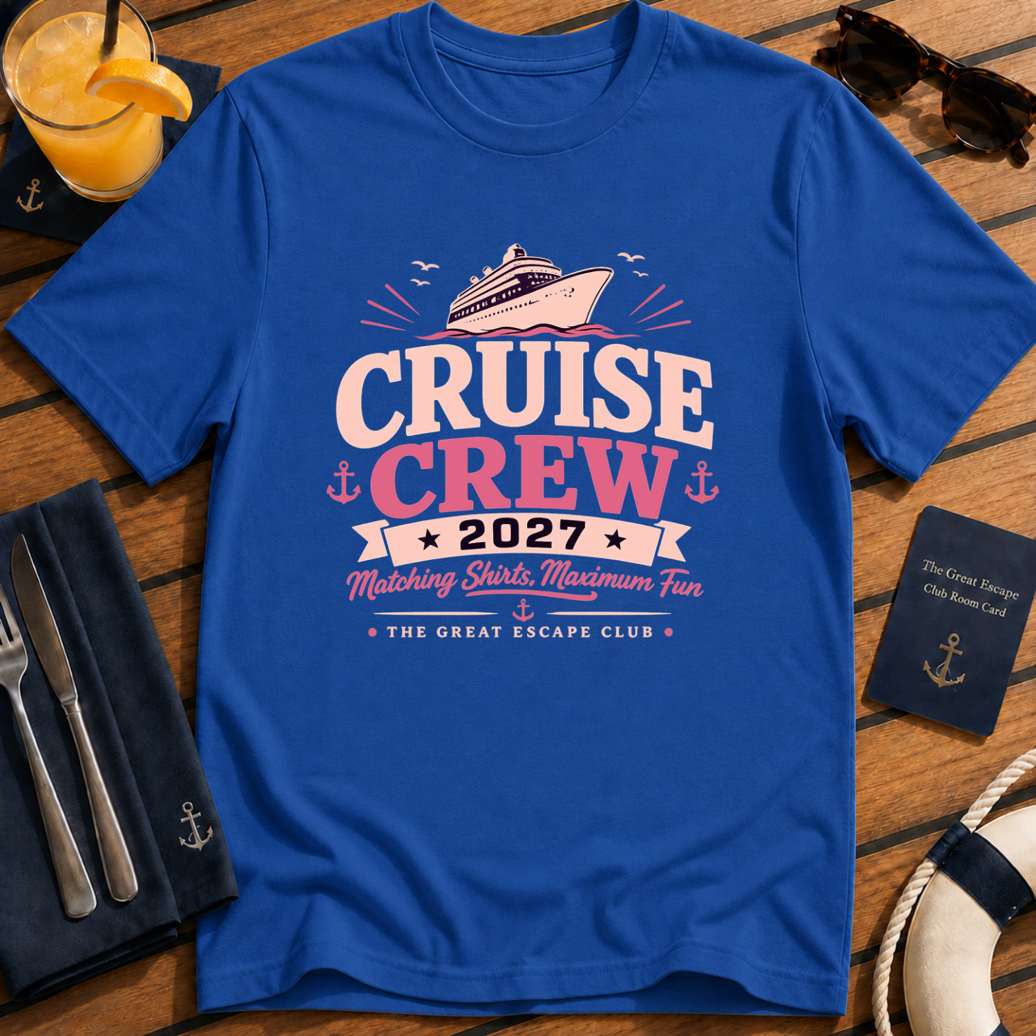 Cruise Crew 2027 matching cruise royal blue t-shirt for groups, families, solo sailors and holiday crews by The Great Escape Club